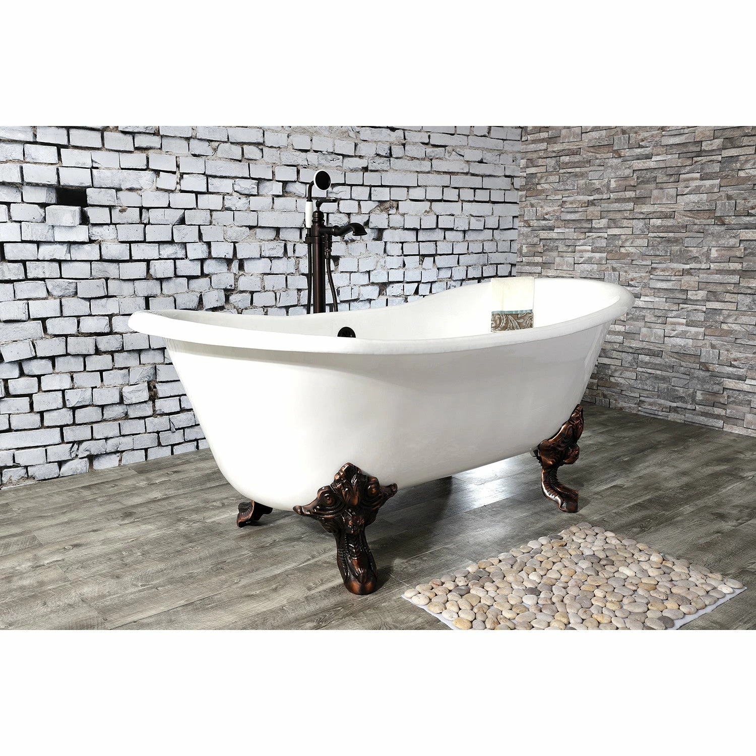 Aqua Eden VCTNDS6731NL5 67-Inch Cast Iron Double Slipper Clawfoot Tub (No Faucet Drillings), White/Oil Rubbed Bronze - Image 3