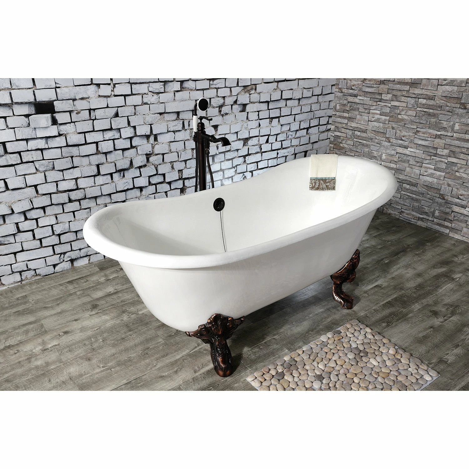 Aqua Eden VCTNDS6731NL5 67-Inch Cast Iron Double Slipper Clawfoot Tub (No Faucet Drillings), White/Oil Rubbed Bronze - Image 4