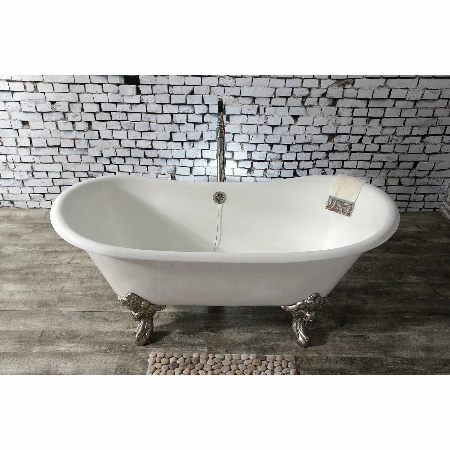 Aqua Eden VCTNDS6731NL8 67-Inch Cast Iron Double Slipper Clawfoot Tub (No Faucet Drillings), White/Brushed Nickel - Image 3