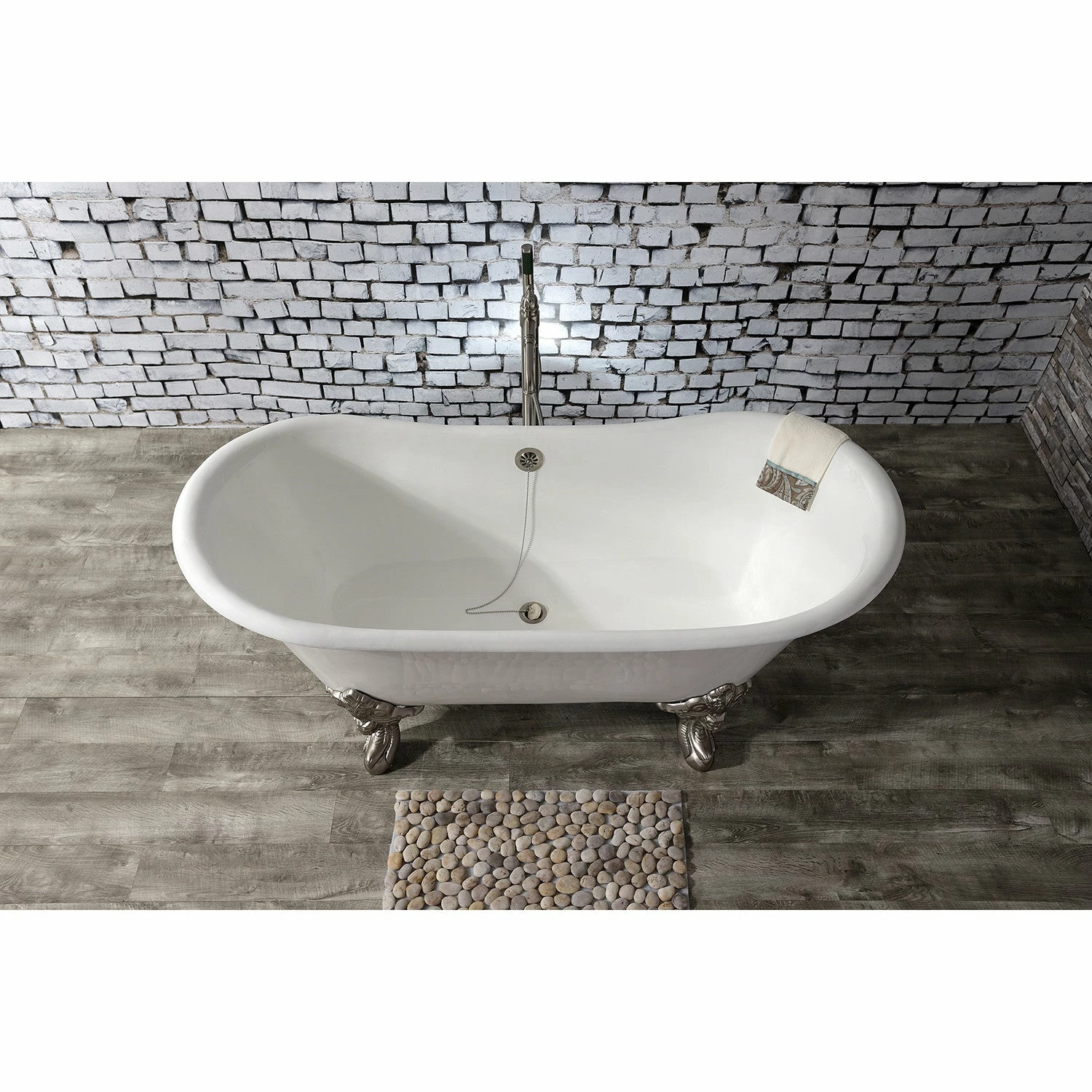 Aqua Eden VCTNDS6731NL8 67-Inch Cast Iron Double Slipper Clawfoot Tub (No Faucet Drillings), White/Brushed Nickel - Image 4