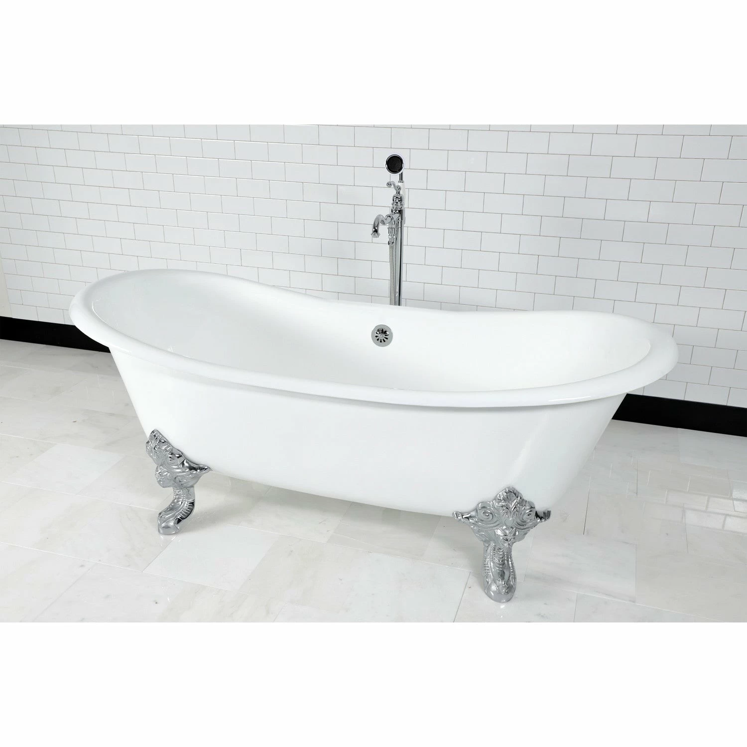 Aqua Eden VCTNDS7231NL1 72-Inch Cast Iron Double Slipper Clawfoot Tub (No Faucet Drillings), White/Polished Chrome