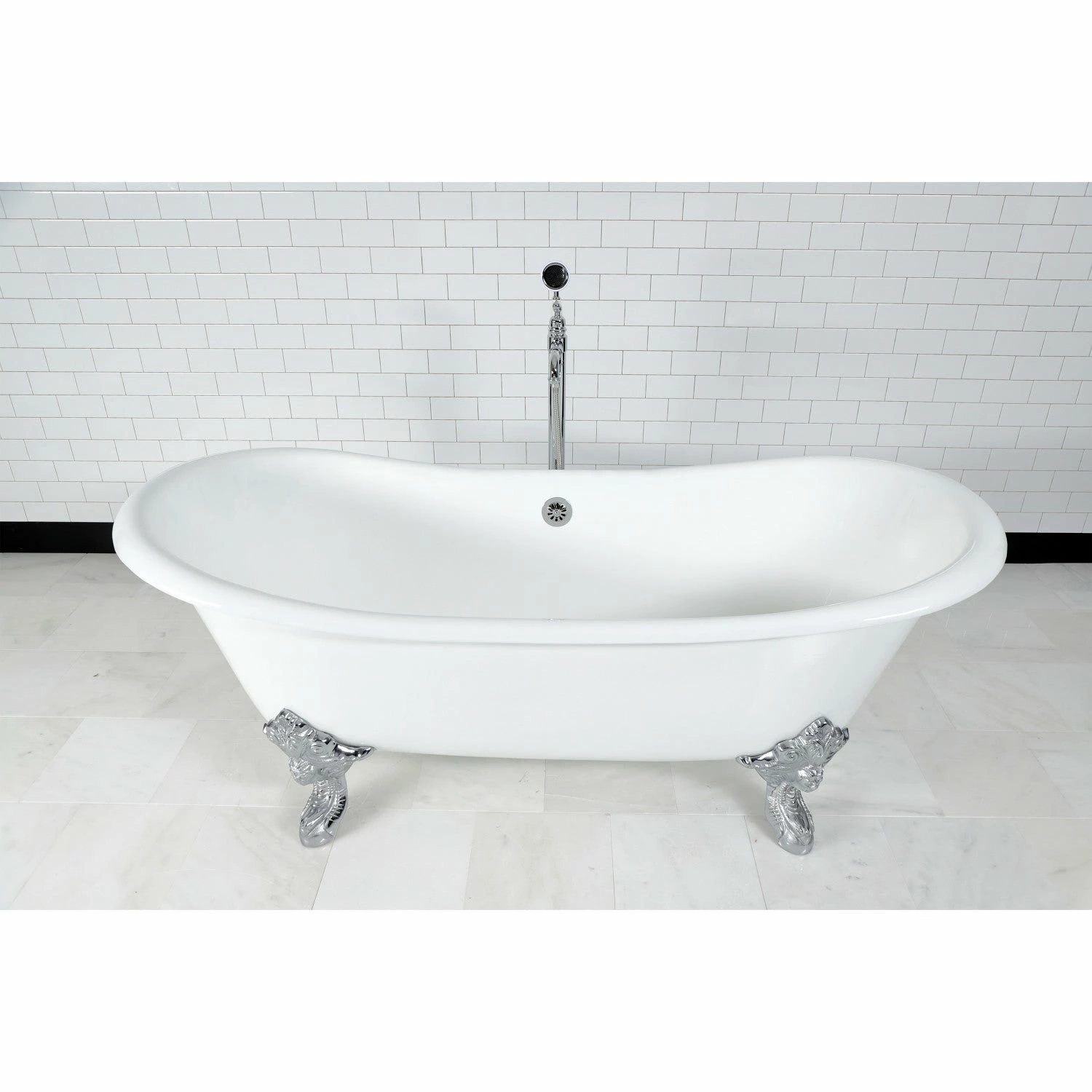 Aqua Eden VCTNDS7231NL1 72-Inch Cast Iron Double Slipper Clawfoot Tub (No Faucet Drillings), White/Polished Chrome - Image 2