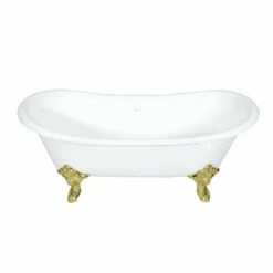 Aqua Eden VCTNDS7231NL2 72-Inch Cast Iron Double Slipper Clawfoot Tub (No Faucet Drillings), White/Polished Brass