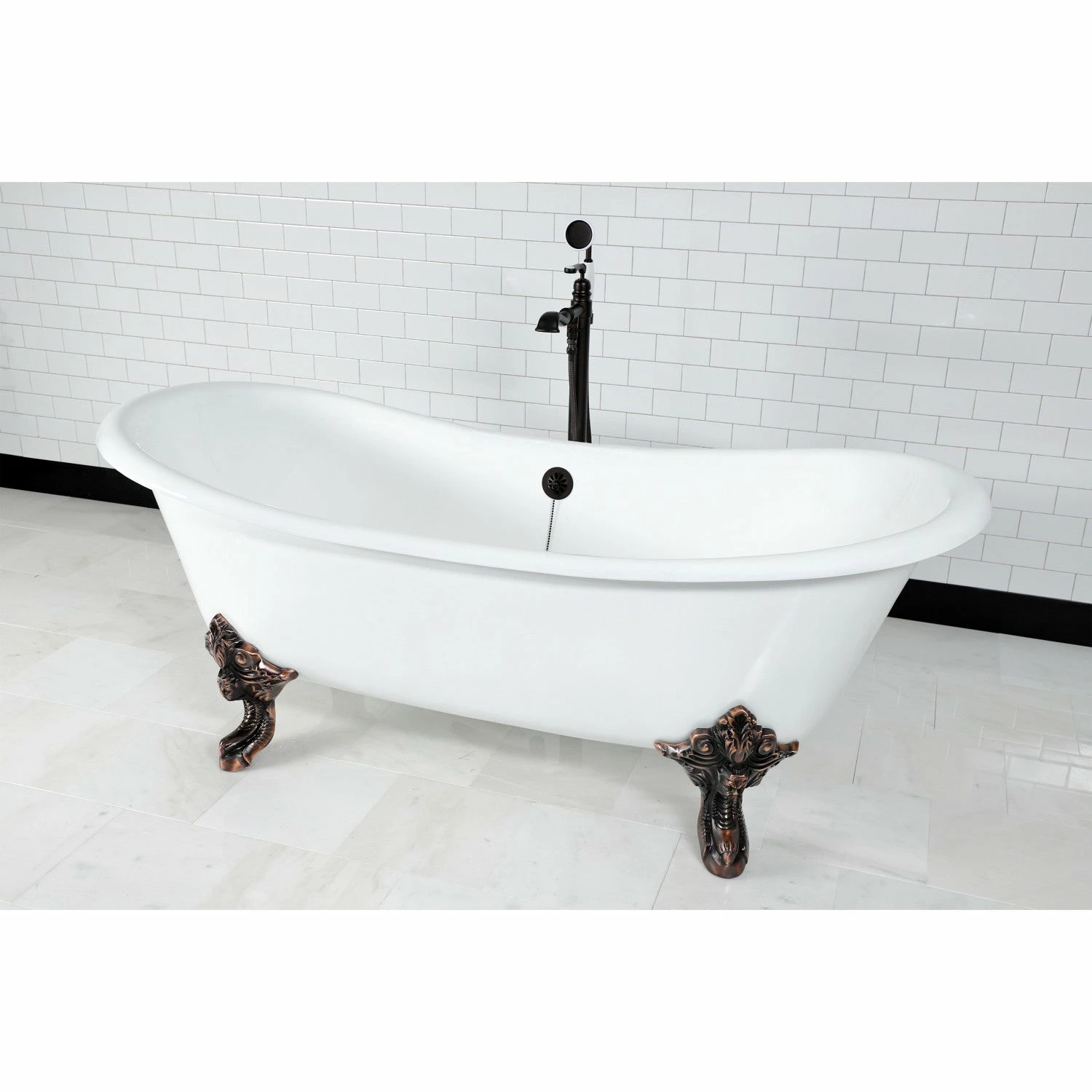 Aqua Eden VCTNDS7231NL5 72-Inch Cast Iron Double Slipper Clawfoot Tub (No Faucet Drillings), White/Oil Rubbed Bronze - Image 3