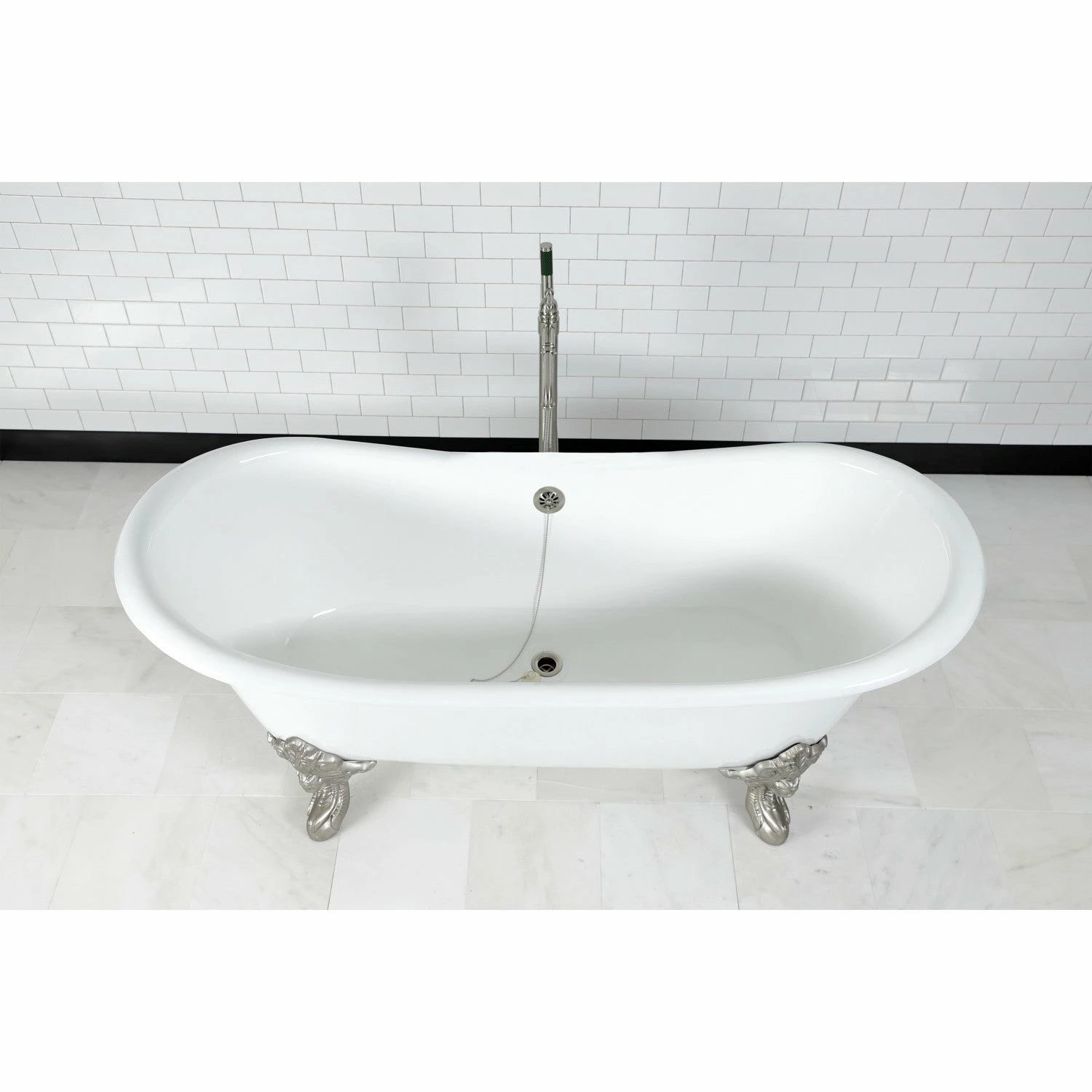 Aqua Eden VCTNDS7231NL8 72-Inch Cast Iron Double Slipper Clawfoot Tub (No Faucet Drillings), White/Brushed Nickel