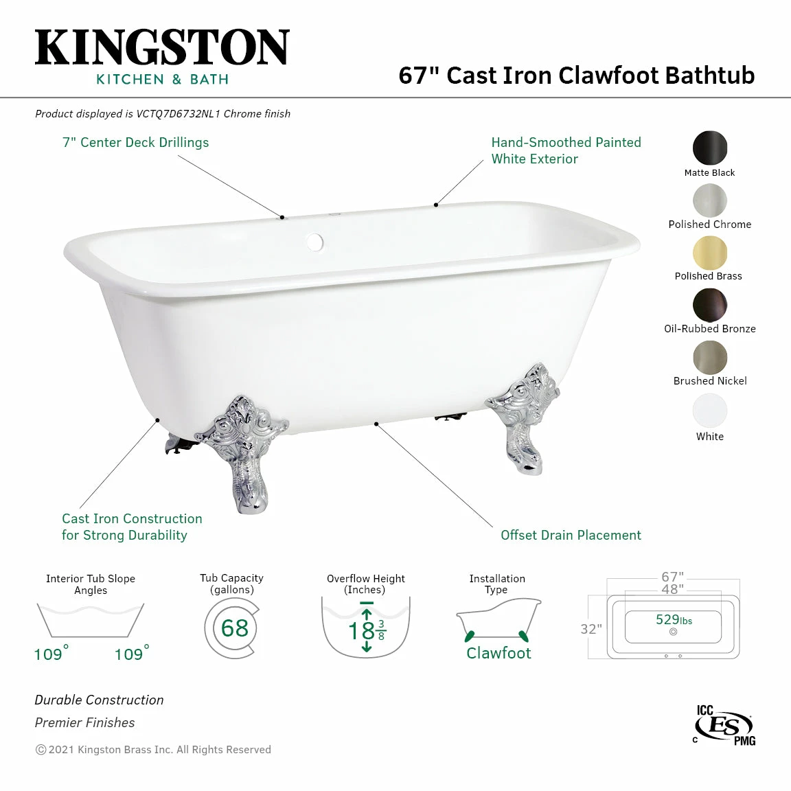 Aqua Eden VCTQ7D6732NL1 67-Inch Cast Iron Double Ended Clawfoot Tub With 7-Inch Faucet Drillings, White/Polished Chrome - Image 7