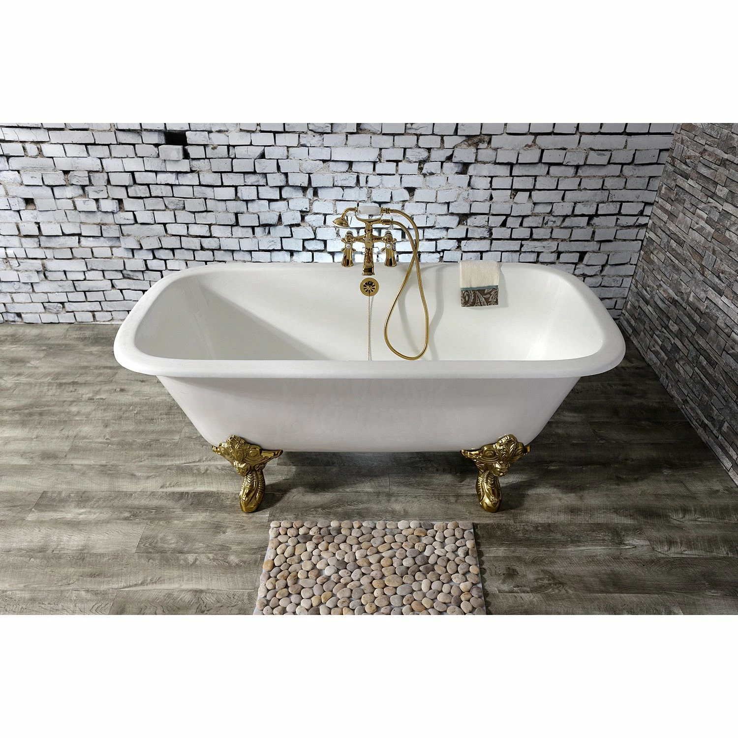 Aqua Eden VCTQ7D6732NL2 67-Inch Cast Iron Double Ended Clawfoot Tub With 7-Inch Faucet Drillings, White/Polished Brass - Image 2