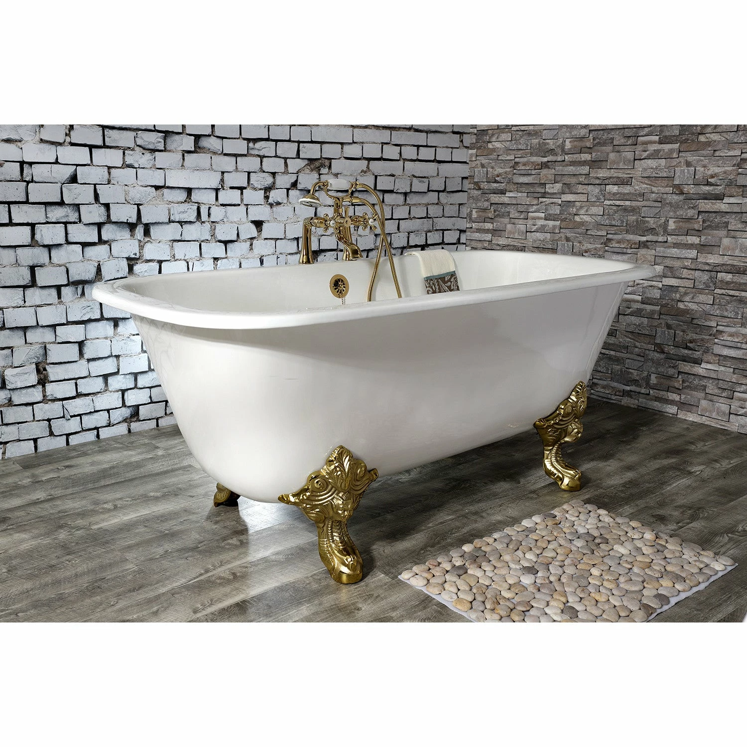 Aqua Eden VCTQ7D6732NL2 67-Inch Cast Iron Double Ended Clawfoot Tub With 7-Inch Faucet Drillings, White/Polished Brass - Image 3