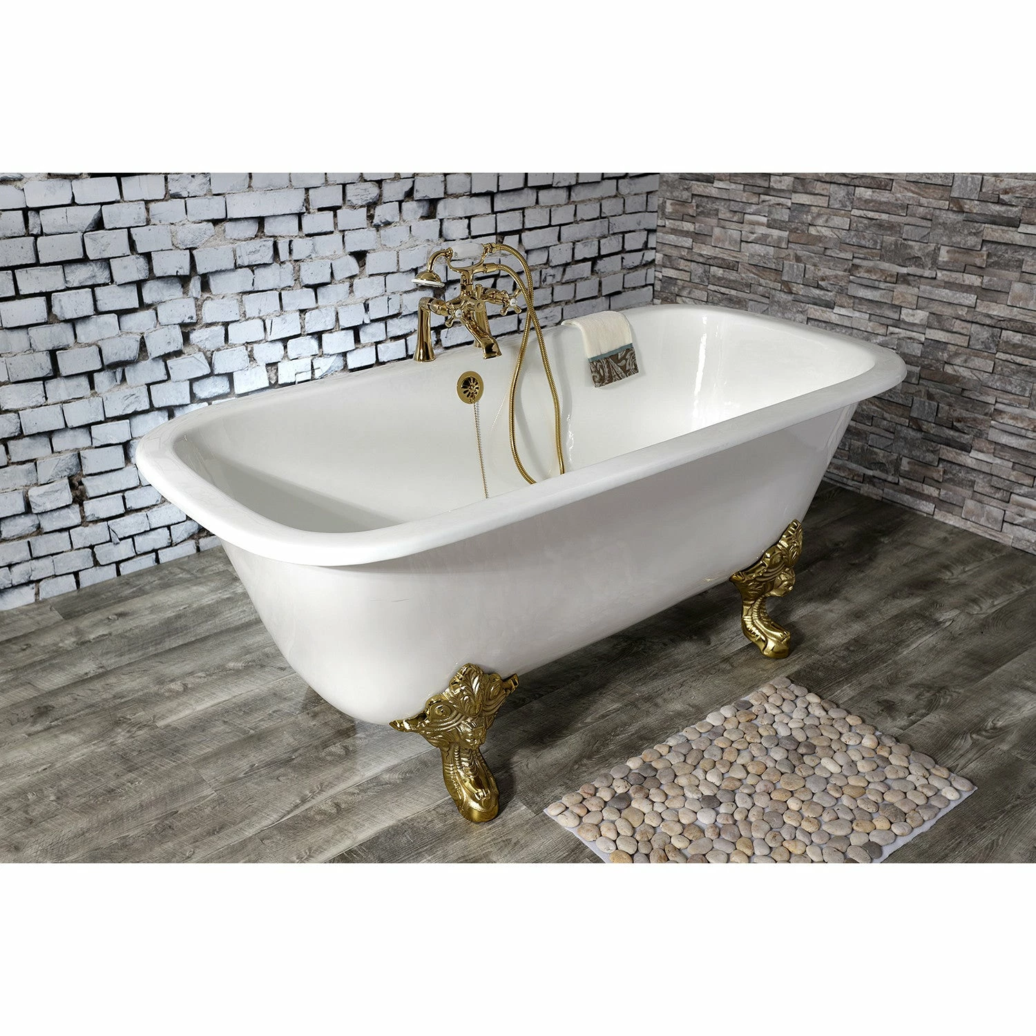 Aqua Eden VCTQ7D6732NL2 67-Inch Cast Iron Double Ended Clawfoot Tub With 7-Inch Faucet Drillings, White/Polished Brass - Image 4