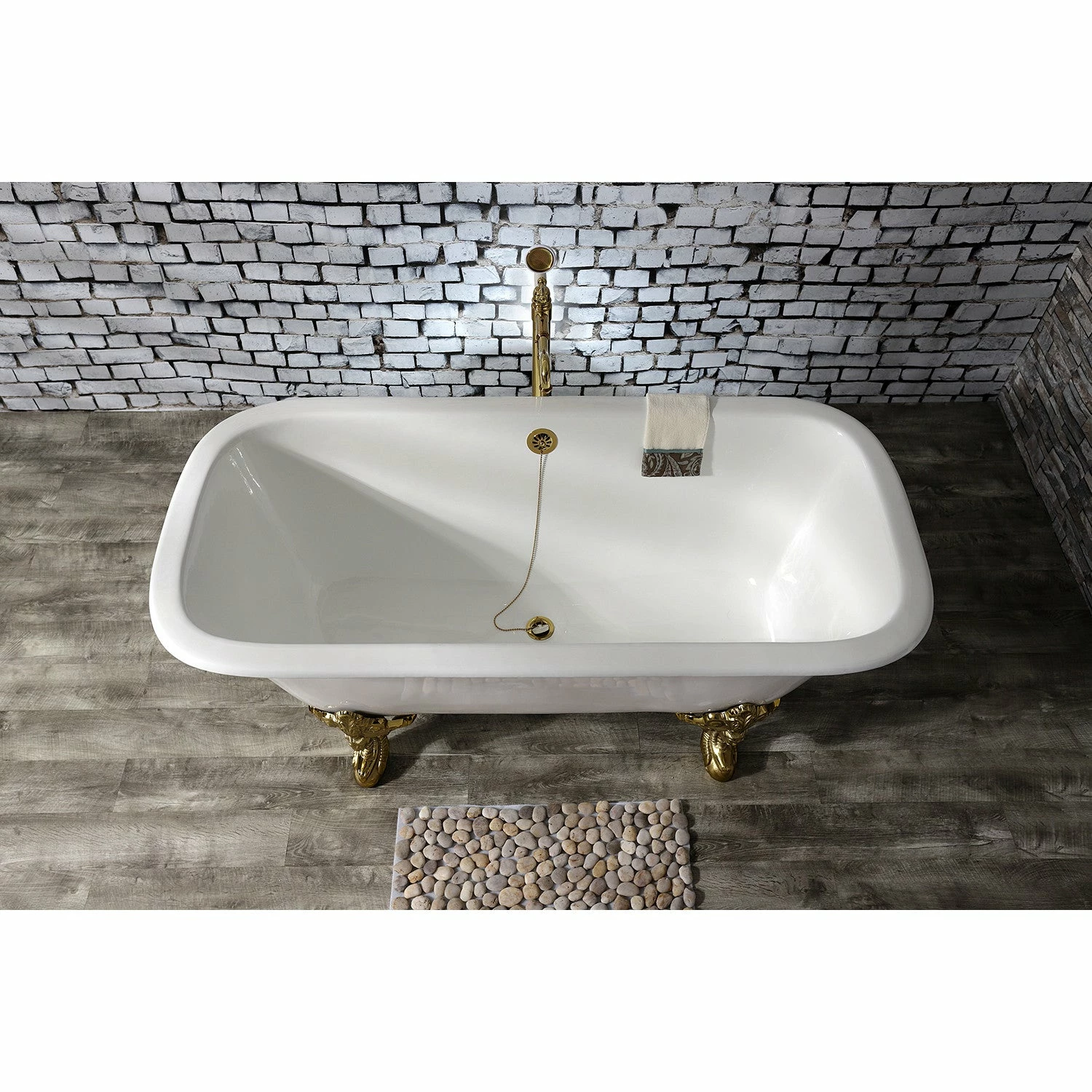 Aqua Eden VCTQND6732NL2 67-Inch Cast Iron Double Ended Clawfoot Tub (No Faucet Drillings), White/Polished Brass - Image 2