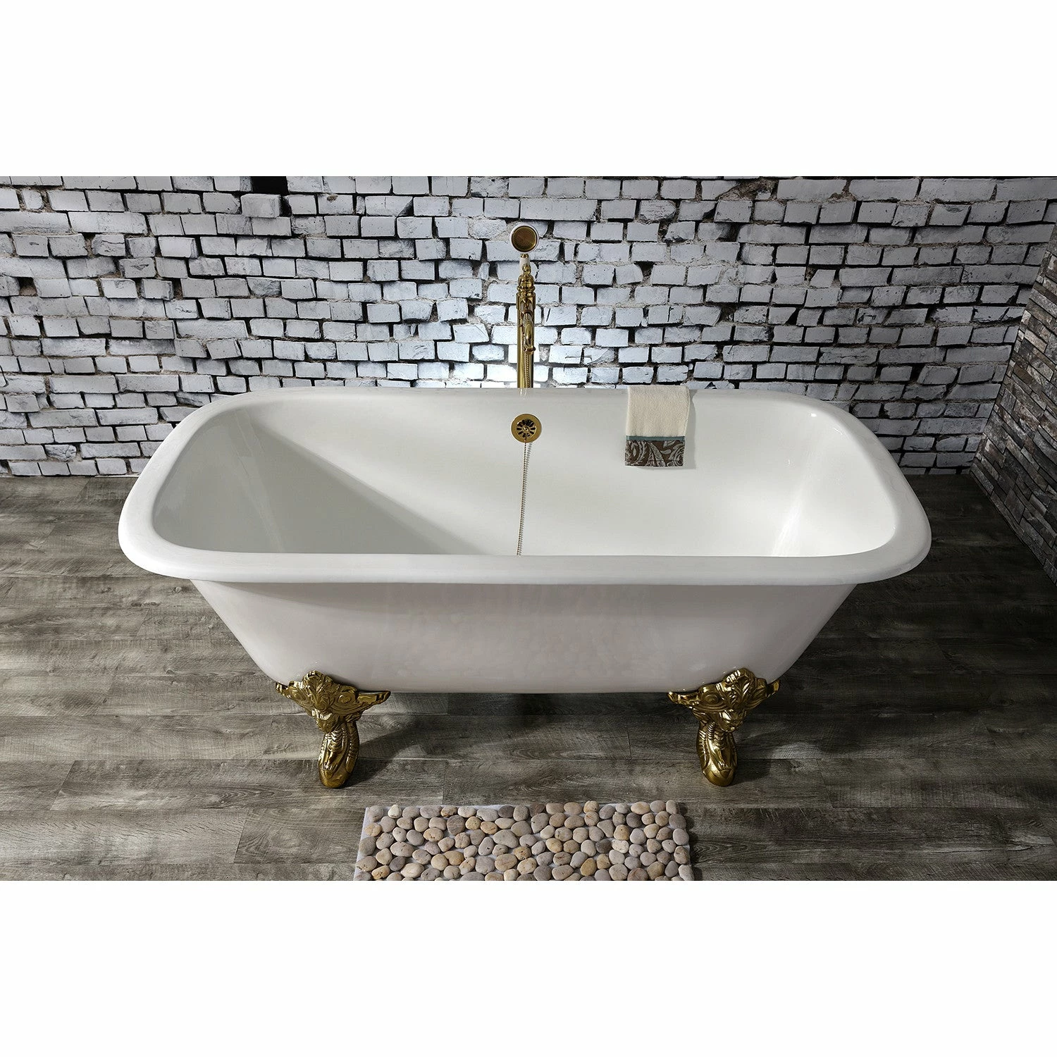 Aqua Eden VCTQND6732NL2 67-Inch Cast Iron Double Ended Clawfoot Tub (No Faucet Drillings), White/Polished Brass - Image 3
