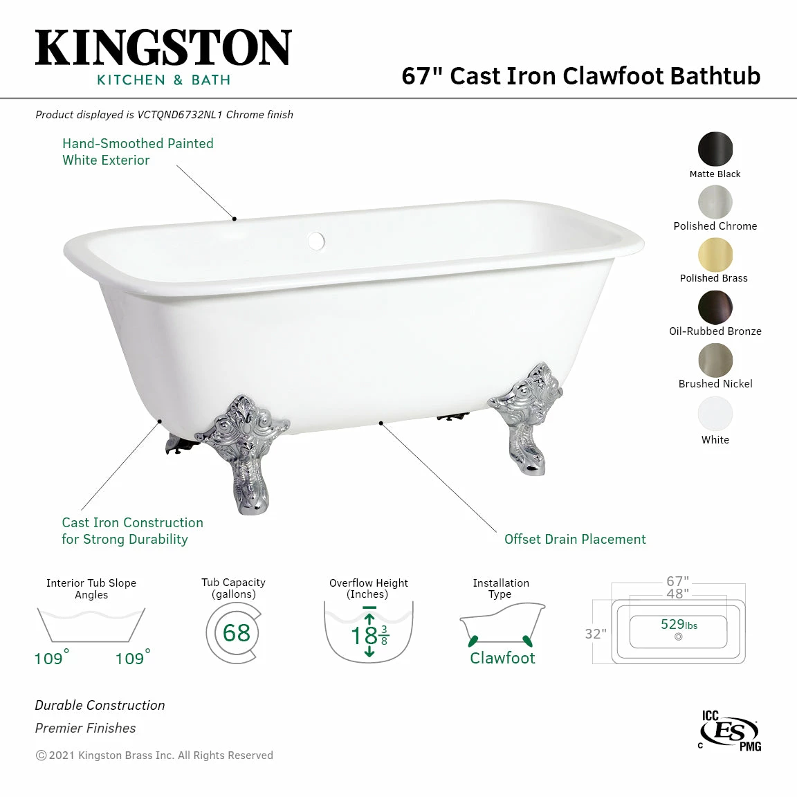 Aqua Eden VCTQND6732NL8 67-Inch Cast Iron Double Ended Clawfoot Tub (No Faucet Drillings), White/Brushed Nickel - Image 8