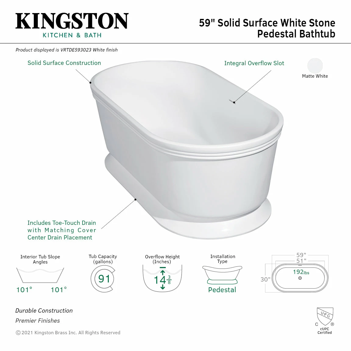 Arcticstone VRTDE593023 59-Inch Double Ended Solid Surface Pedestal Tub With Drain, Glossy White/Matte White - Image 7
