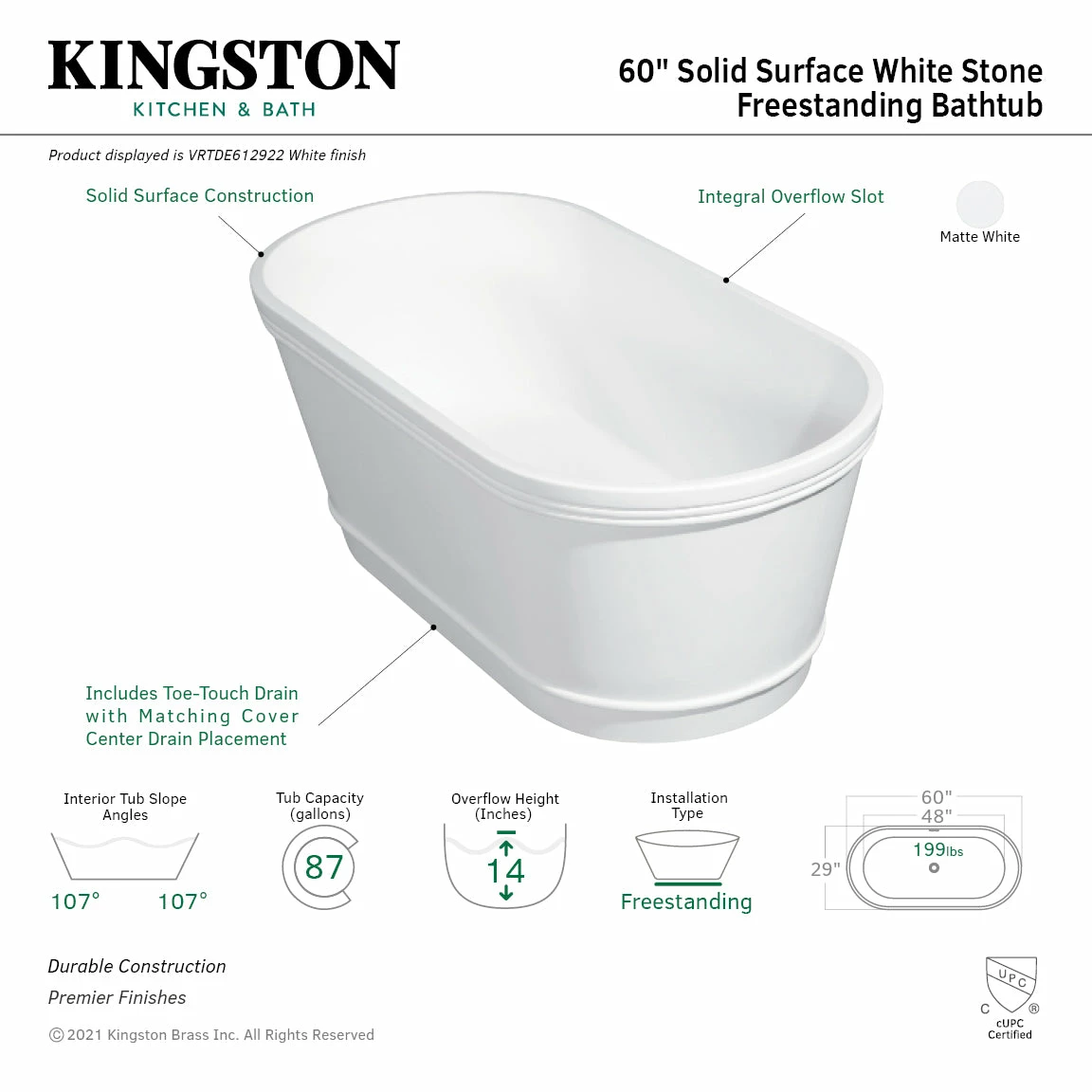 Arcticstone VRTDE612922 60-Inch Double Ended Solid Surface Freestanding Tub With Drain, Glossy White/Matte White - Image 4