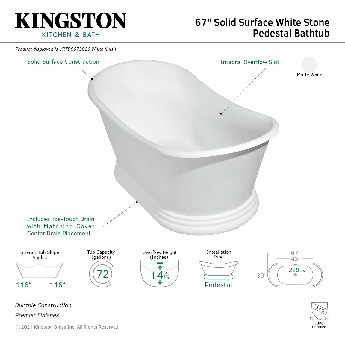 Arcticstone VRTDS673026 67-Inch Double Slipper Solid Surface Pedestal Tub With Drain, Glossy White/Matte White - Image 9