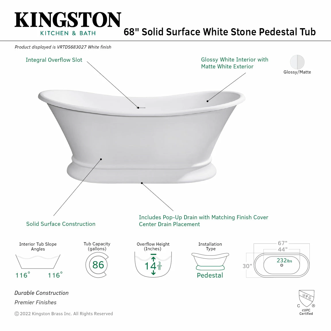 Arcticstone VRTDS683027 67-Inch Solid Surface White Stone Pedestal Tub With Drain, Matte White/Glossy White - Image 10