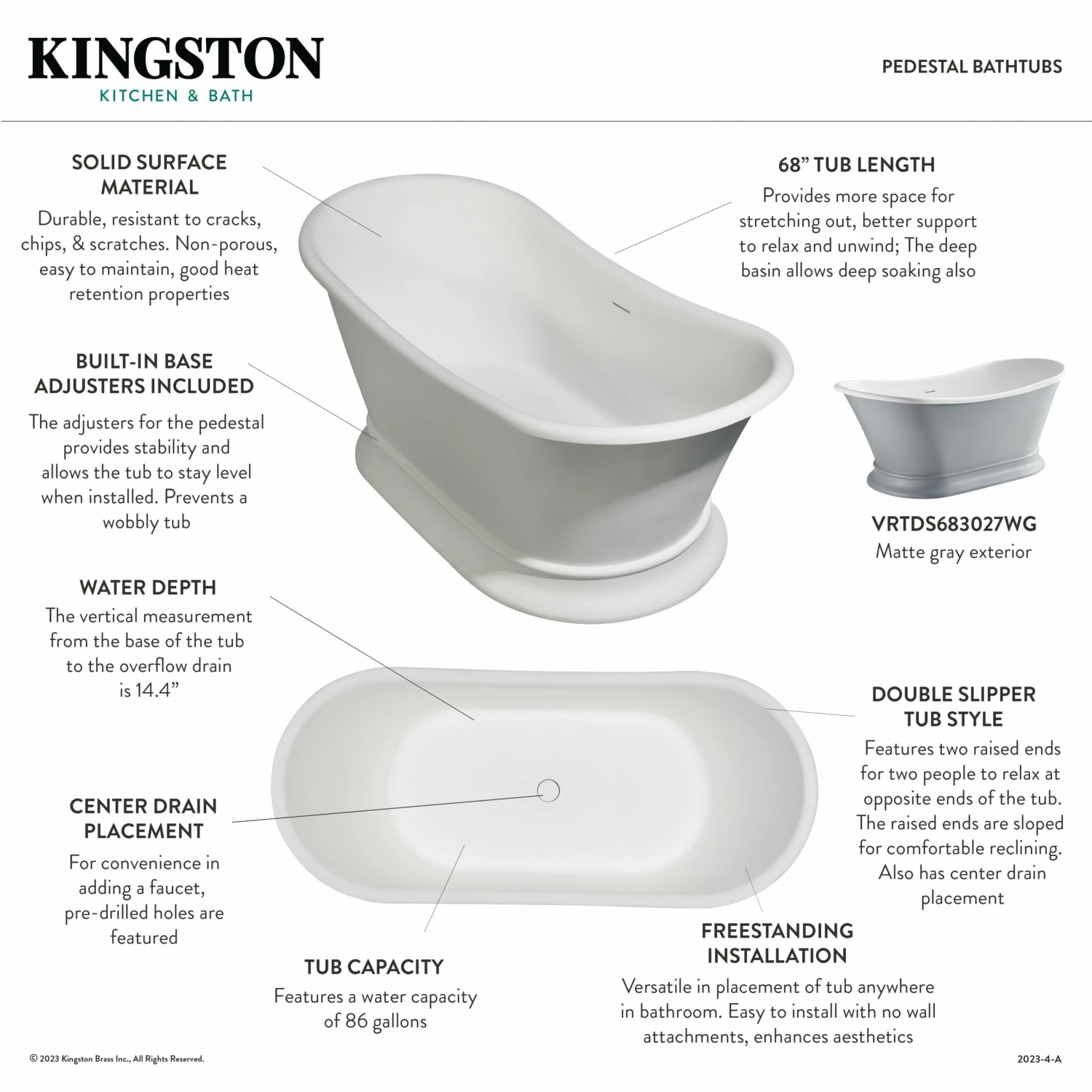 Arcticstone VRTDS683027 67-Inch Solid Surface White Stone Pedestal Tub With Drain, Matte White/Glossy White - Image 9