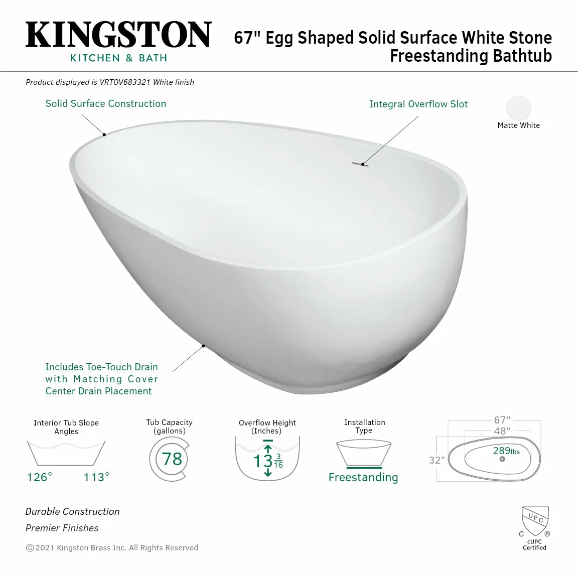 Arcticstone VRTOV683321 67-Inch Egg Shaped Solid Surface Freestanding Tub With Drain, Glossy White/Matte White - Image 6