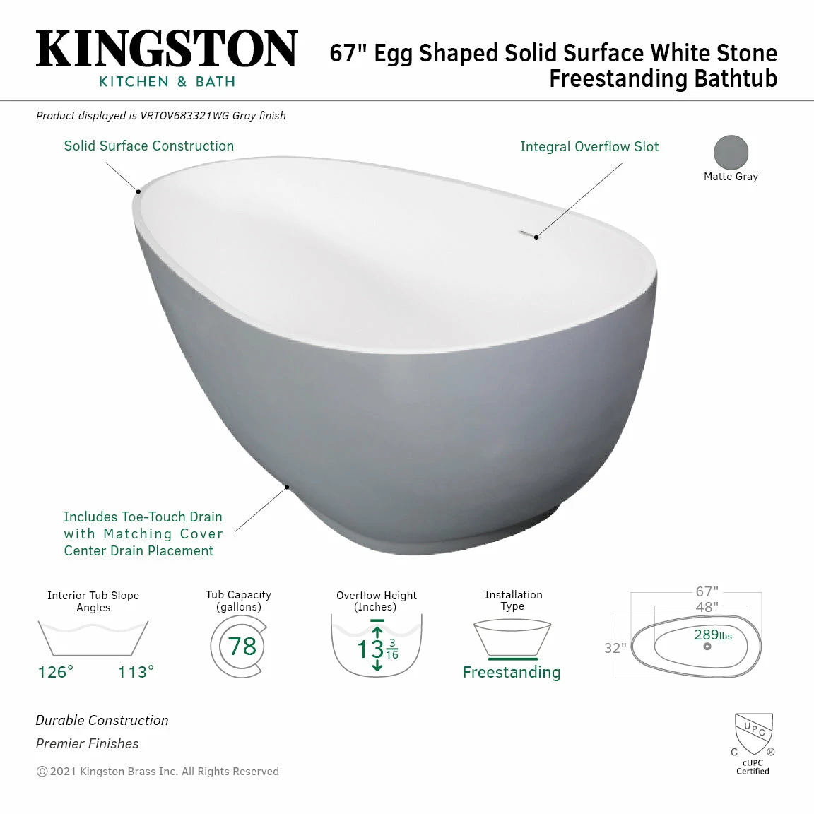 Arcticstone VRTOV683321WG 67-Inch Egg Shaped Solid Surface Freestanding Tub With Drain, Glossy White/Matte Gray - Image 7