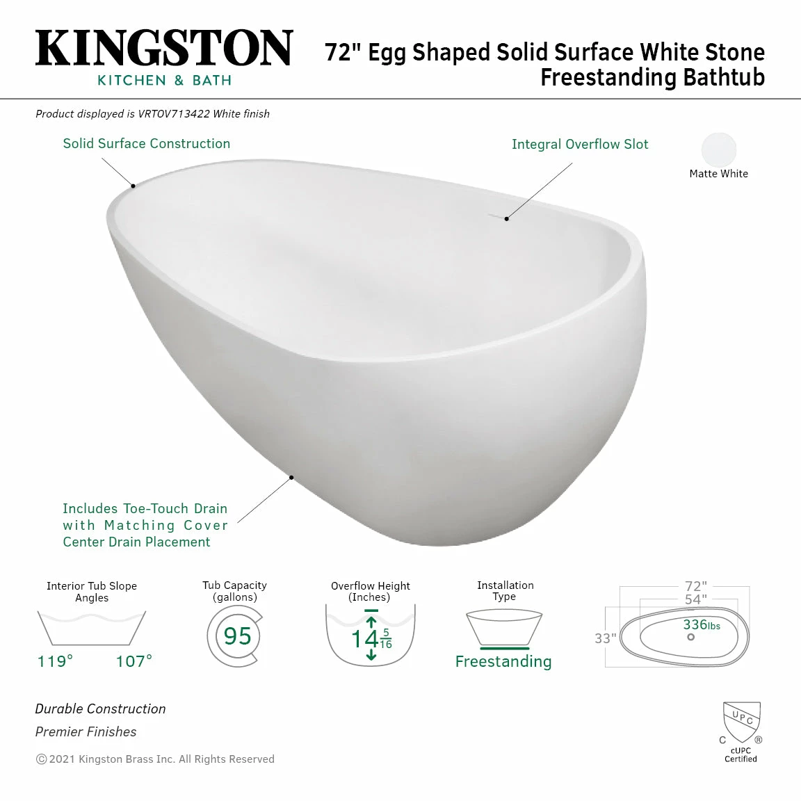 Arcticstone VRTOV713422 72-Inch Egg Shaped Solid Surface Freestanding Tub With Drain, Glossy White/Matte White - Image 7