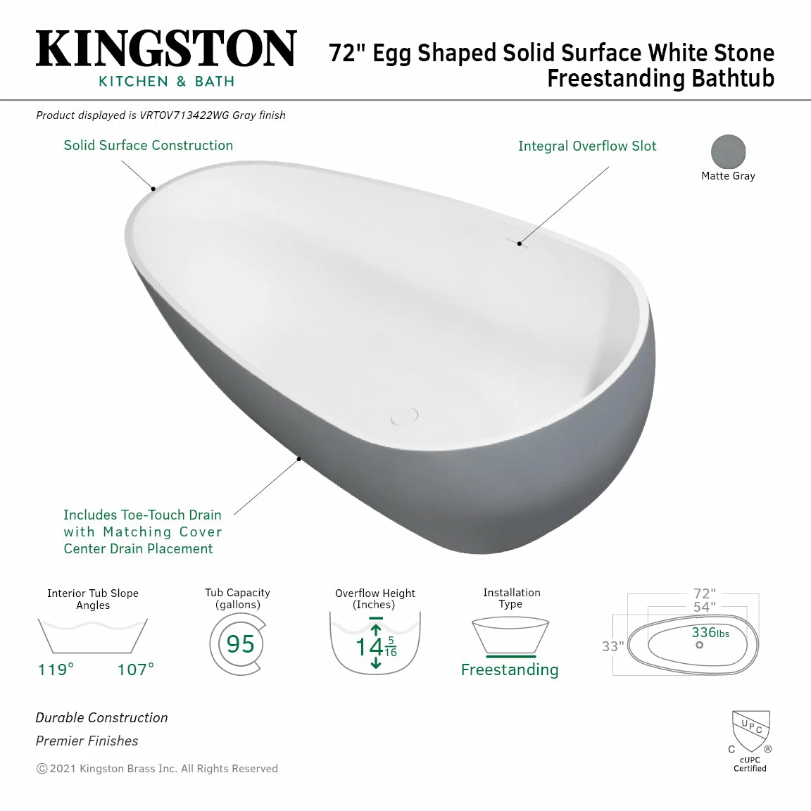 Arcticstone VRTOV713422WG 72-Inch Egg Shaped Solid Surface Freestanding Tub With Drain, Glossy White/Matte Gray - Image 7