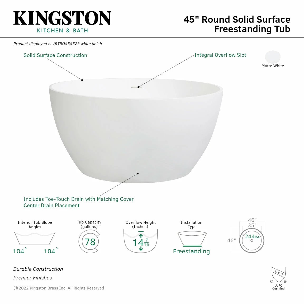 Arcticstone VRTRO454523 46-Inch Round Solid Surface White Stone Freestanding Tub With Drain, Matte White - Image 5