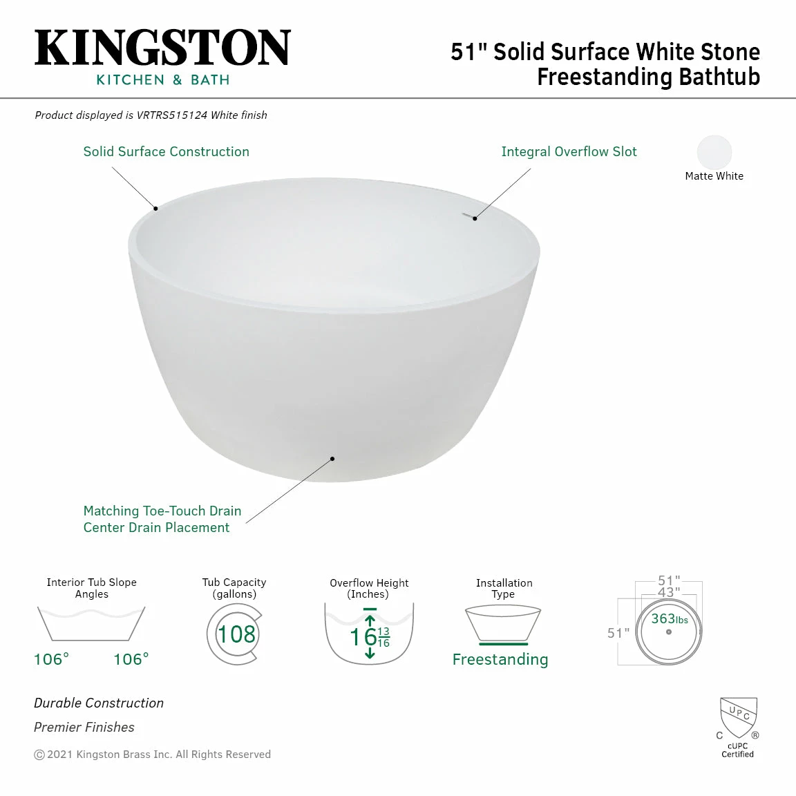 Arcticstone VRTRS515124 51-Inch Solid Surface White Stone Freestanding Tub With Drain, Matte White - Image 3