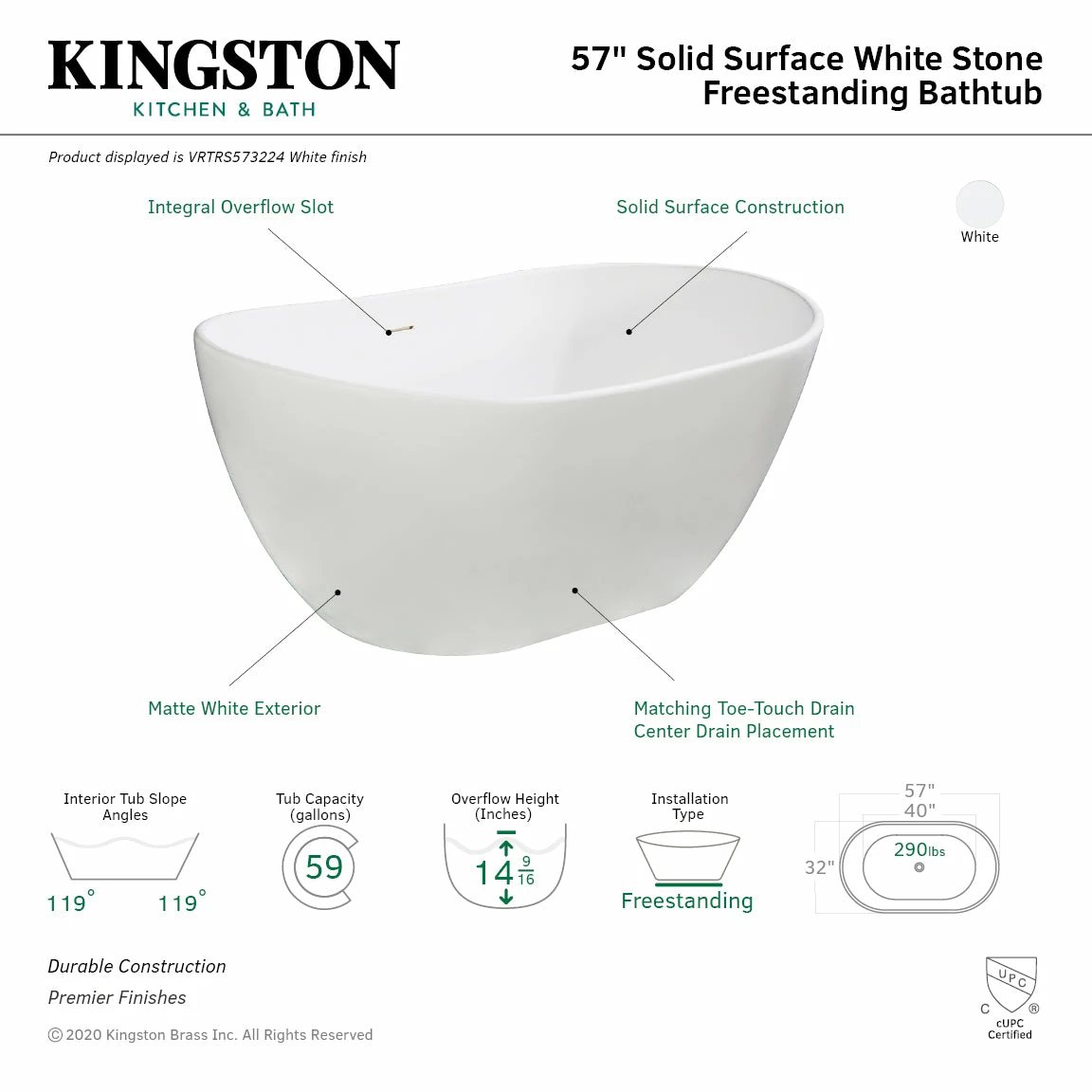 Arcticstone VRTRS573224 56-Inch Solid Surface White Stone Freestanding Tub With Drain, Matte White - Image 3