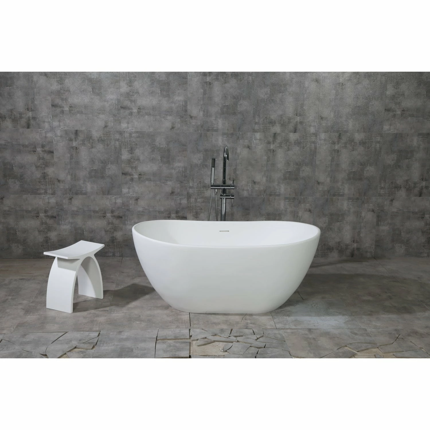Arcticstone VRTRS573224 56-Inch Solid Surface White Stone Freestanding Tub With Drain, Matte White