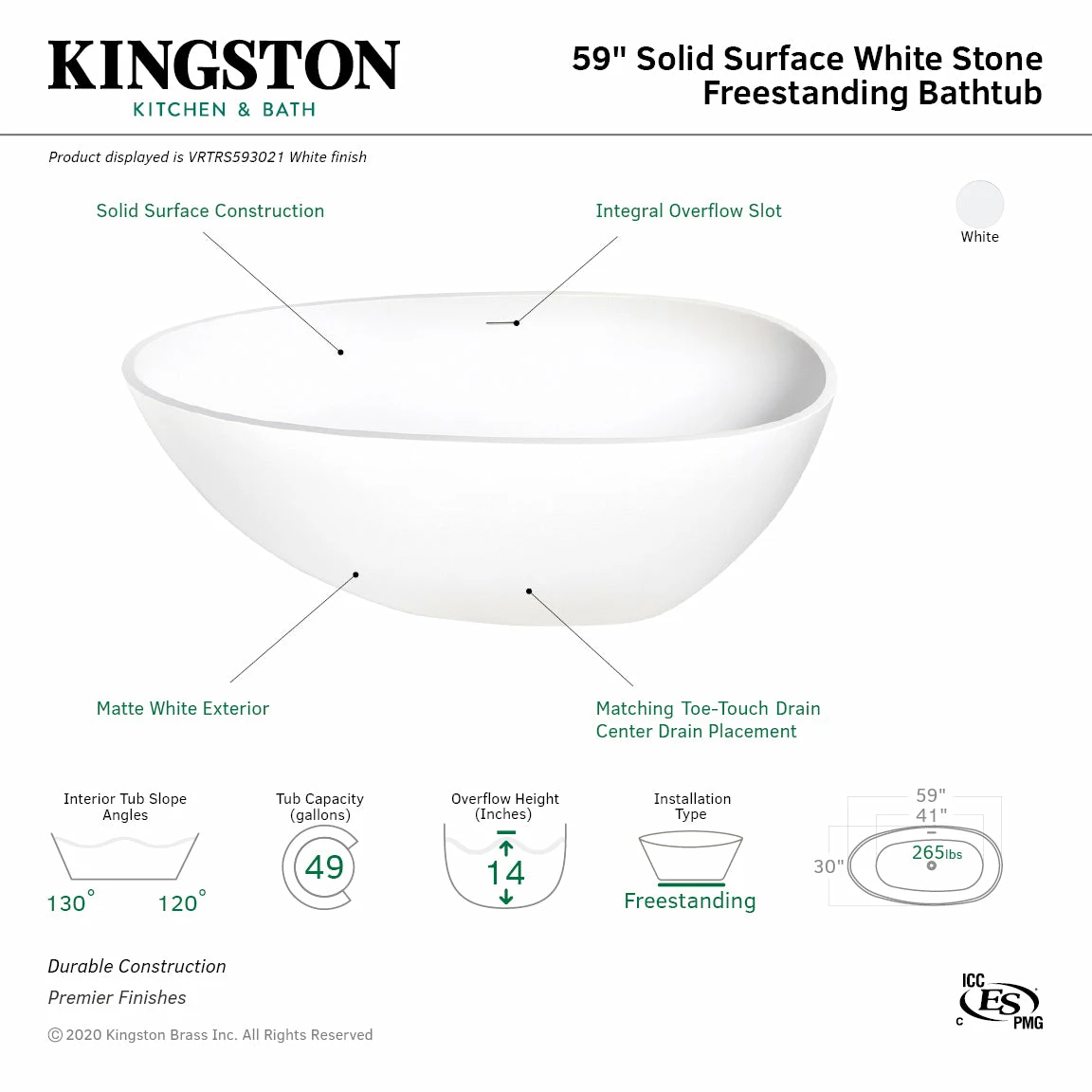 Arcticstone VRTRS593021 59-Inch Solid Surface White Stone Freestanding Tub With Drain, Matte White - Image 9