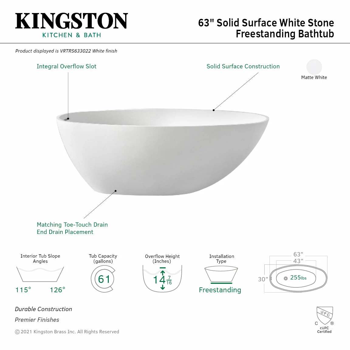 Arcticstone VRTRS633022 63-Inch Solid Surface White Stone Freestanding Tub With Drain, Matte White - Image 3