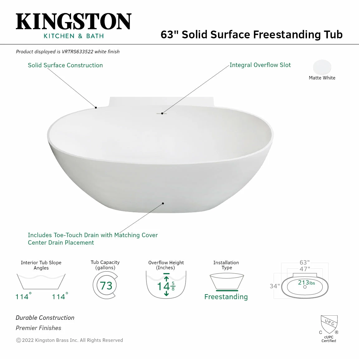 Arcticstone VRTRS633522 63-Inch Solid Surface White Stone Freestanding Tub With Drain, Matte White - Image 2