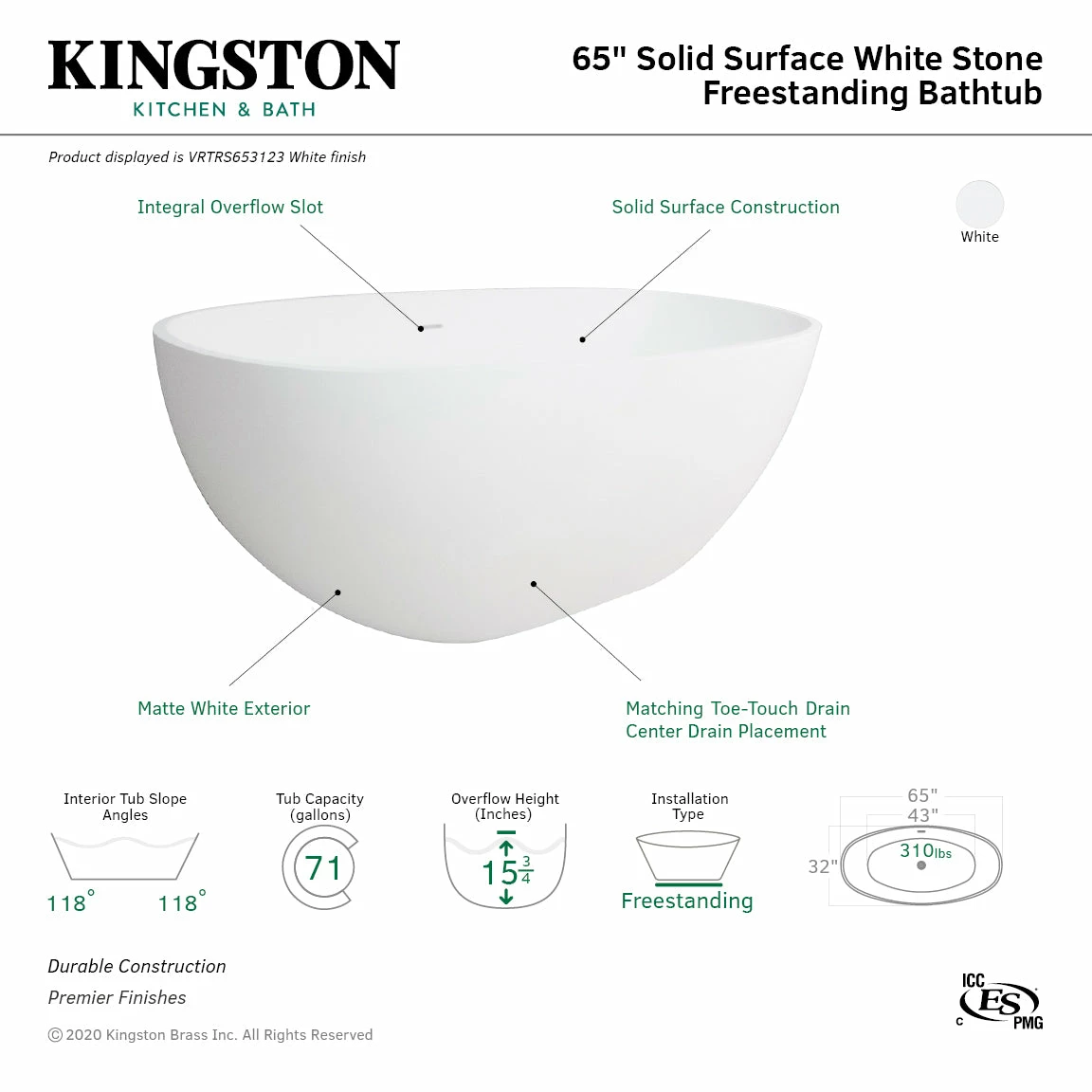 Arcticstone VRTRS653123 65-Inch Solid Surface White Stone Freestanding Tub With Drain, Matte White - Image 8