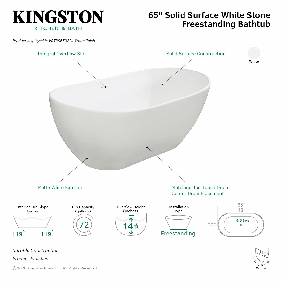 Arcticstone VRTRS653224 65-Inch Solid Surface White Stone Freestanding Tub With Drain, Matte White - Image 3