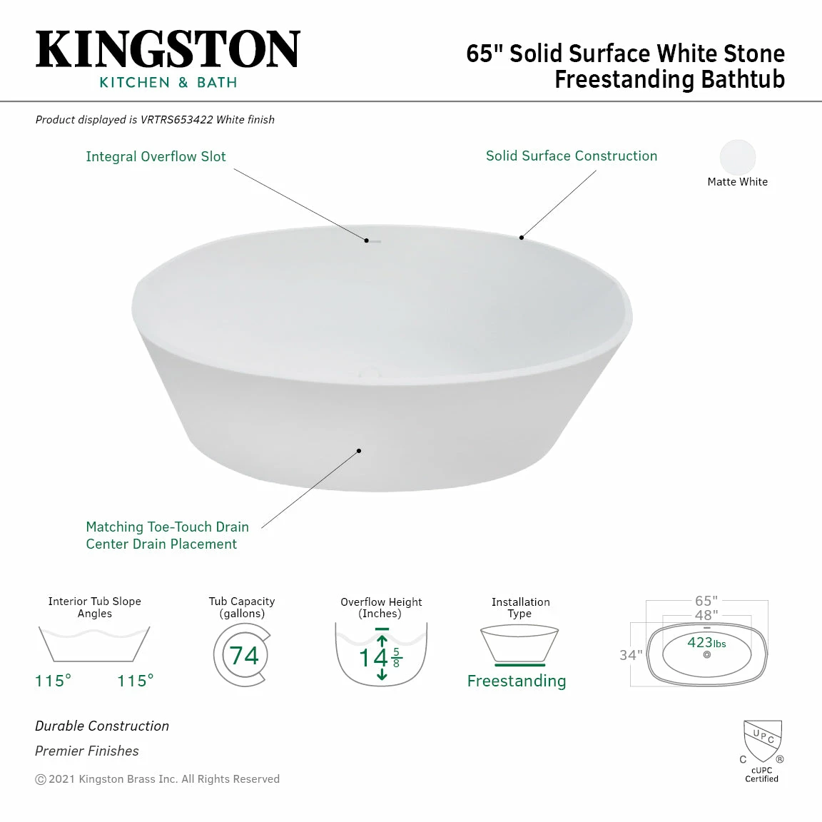 Arcticstone VRTRS653422 65-Inch Solid Surface White Stone Freestanding Tub With Drain, Matte White - Image 3
