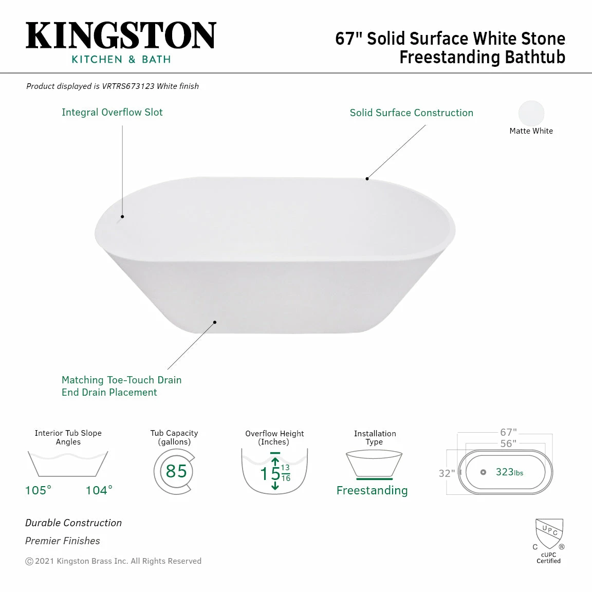 Arcticstone VRTRS673123 67-Inch Solid Surface White Stone Freestanding Tub With Drain, Matte White - Image 3