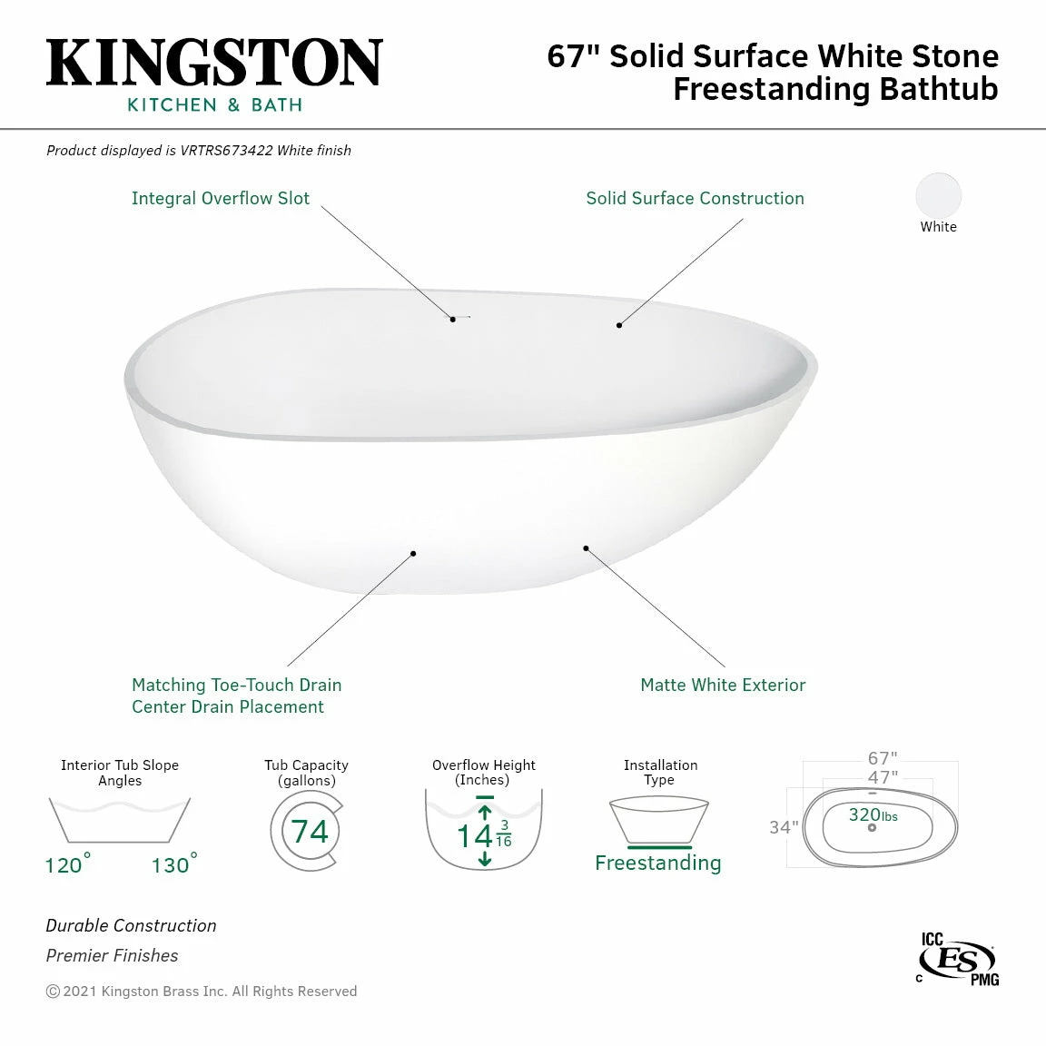 Arcticstone VRTRS673422 67-Inch Solid Surface White Stone Freestanding Tub With Drain, Matte White - Image 10