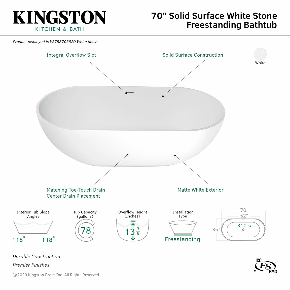 Arcticstone VRTRS703520 70-Inch Solid Surface White Stone Freestanding Tub With Drain, Matte White - Image 5