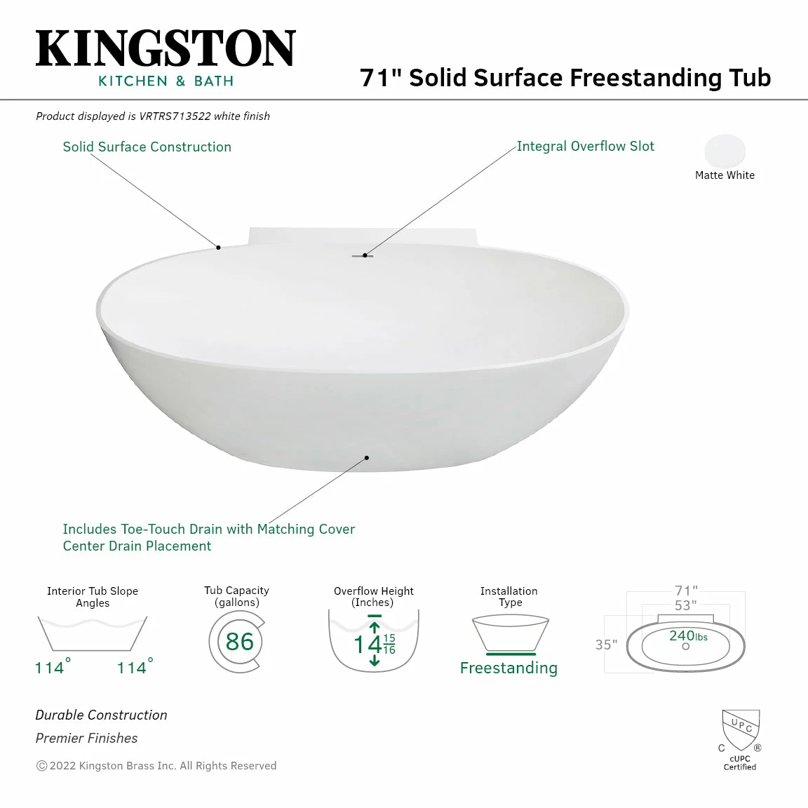 Arcticstone VRTRS713522 71-Inch Solid Surface White Stone Freestanding Tub With Drain, Matte White - Image 5