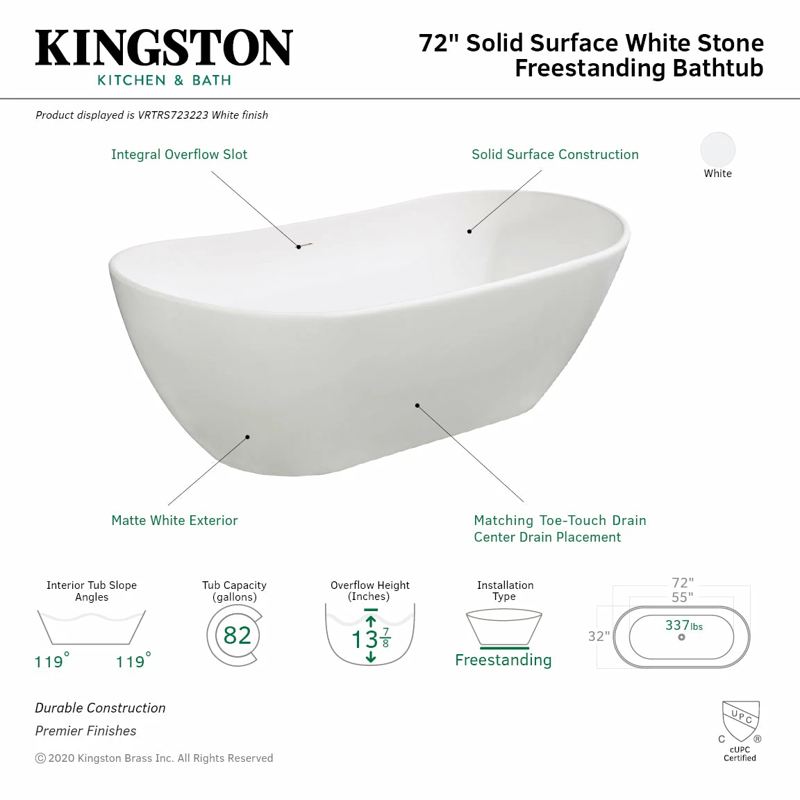 Arcticstone VRTRS723223 71-Inch Solid Surface White Stone Freestanding Tub With Drain, Matte White - Image 3