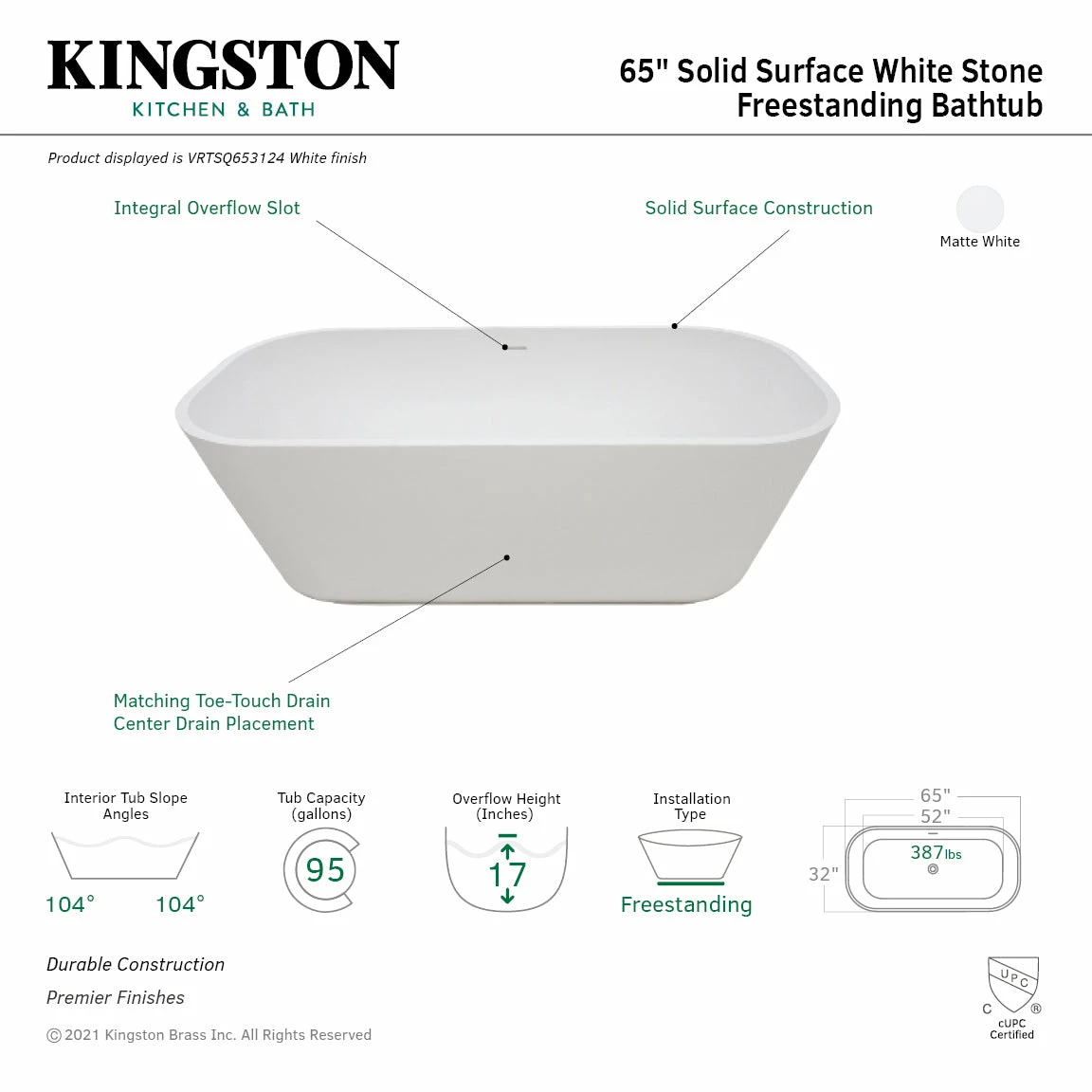 Arcticstone VRTSQ653124 65-Inch Solid Surface White Stone Freestanding Tub With Drain, Matte White - Image 3