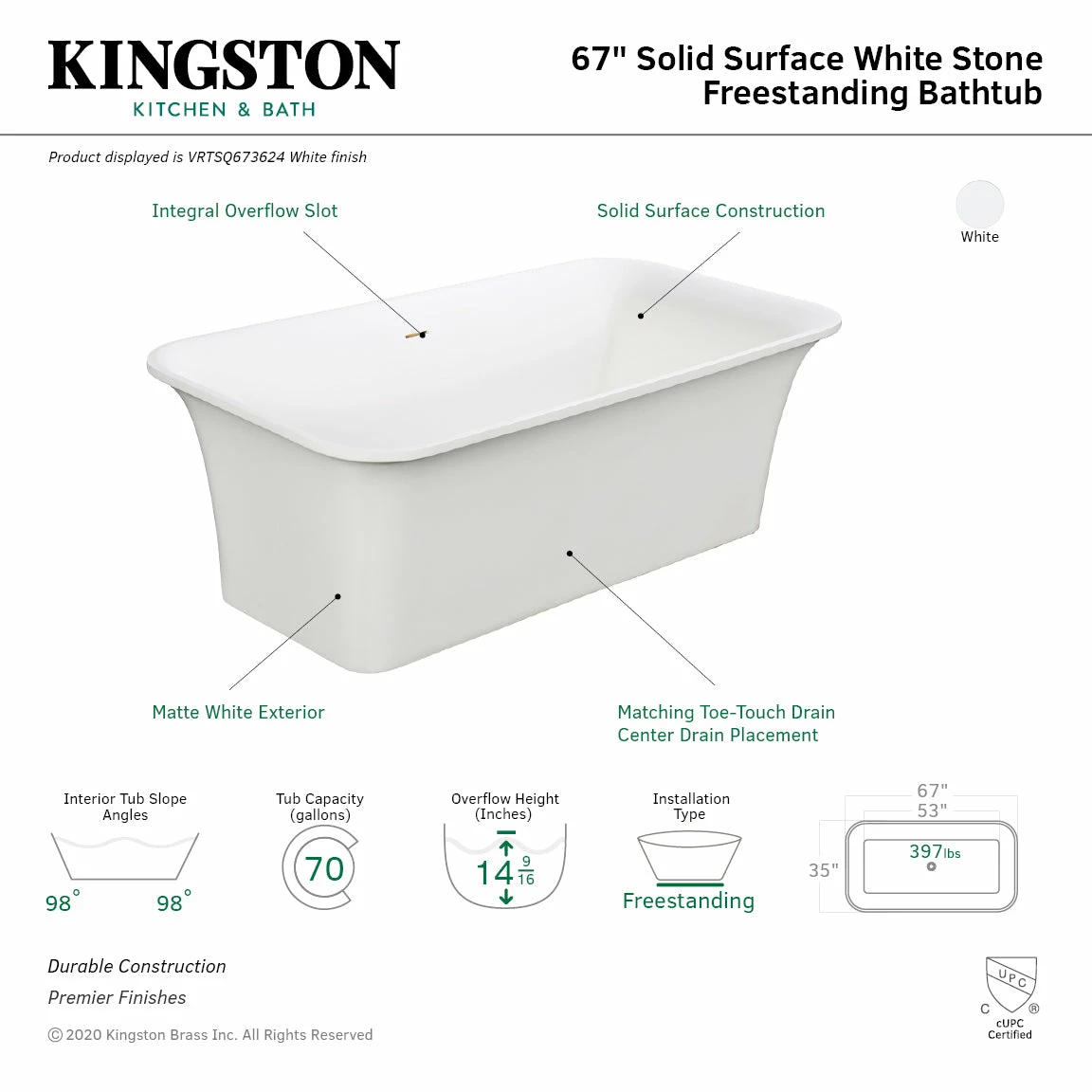 Arcticstone VRTSQ673624 67-Inch Solid Surface White Stone Freestanding Tub With Drain, Matte White - Image 3