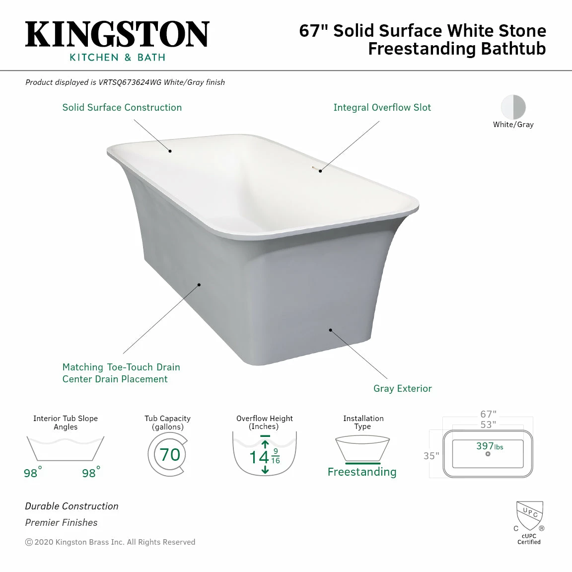 Arcticstone VRTSQ673624WG 67-Inch Solid Surface White Stone Freestanding Tub With Drain, Matte White/Gray - Image 6