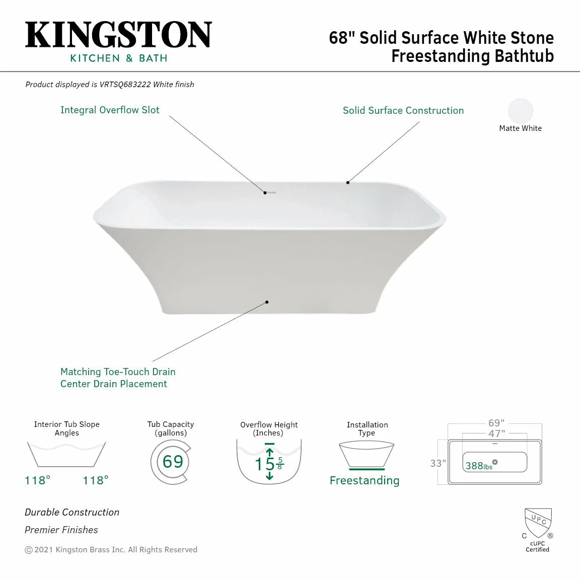Arcticstone VRTSQ683222 69-Inch Solid Surface White Stone Freestanding Tub With Drain, Matte White - Image 3