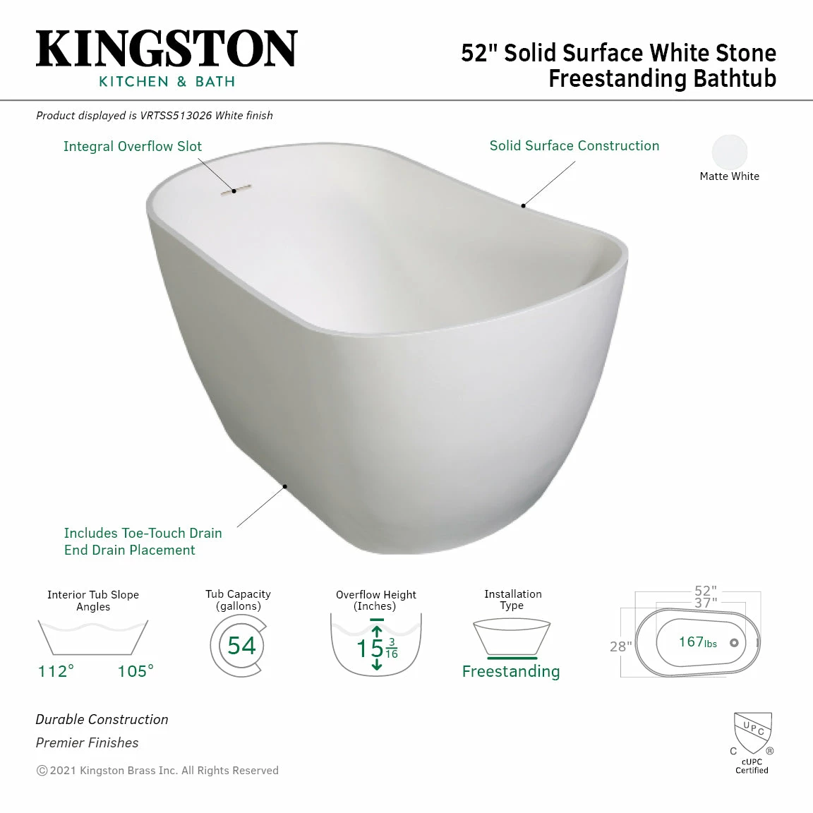 Arcticstone VRTSS513026 52-Inch Slipper Solid Surface Freestanding Tub With Drain, Glossy White/Matte White - Image 6