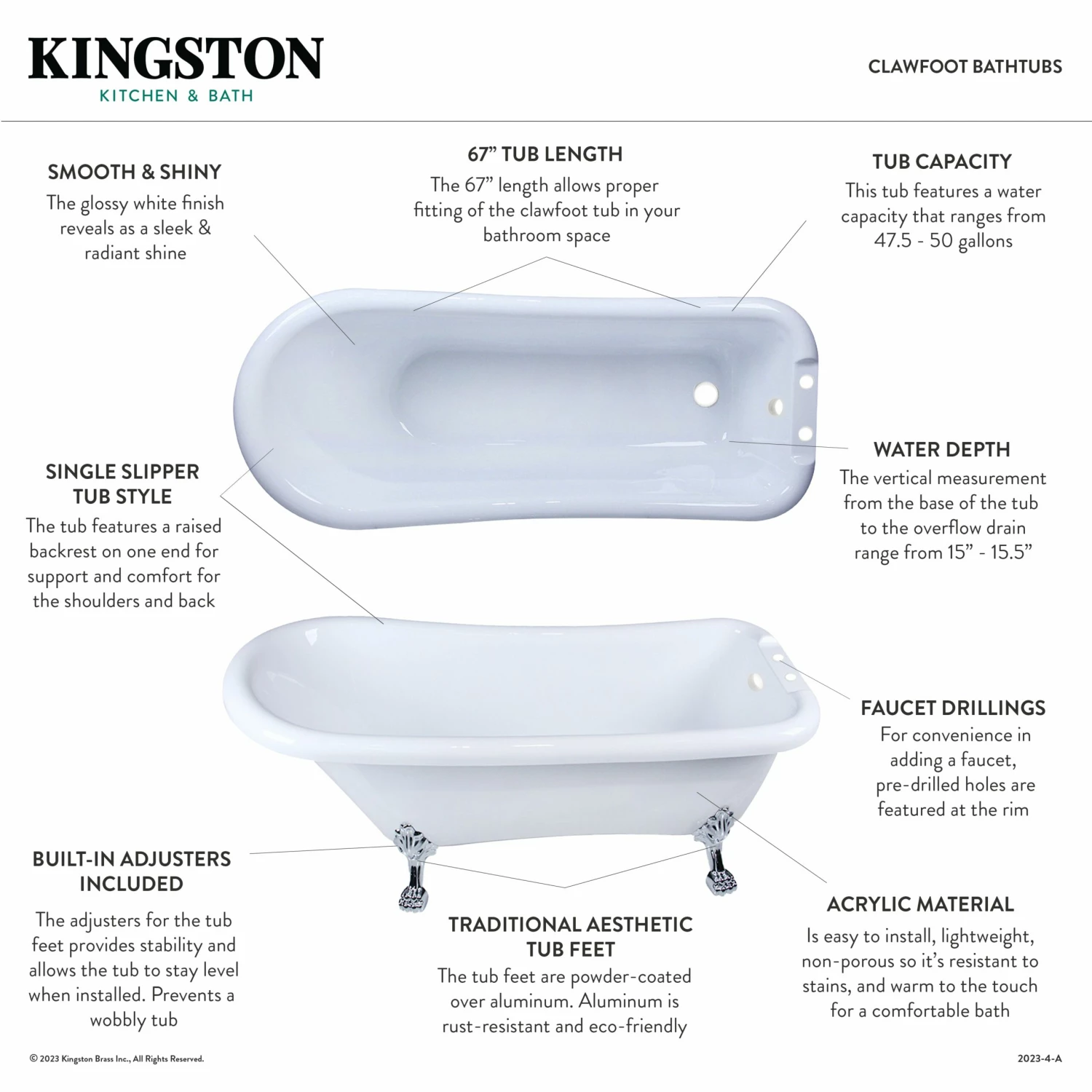 Aqua Eden VT7DE672826WAC2 67-Inch Acrylic Single Slipper Clawfoot Tub With 7-Inch Faucet Drillings, White/Polished Brass - Image 2