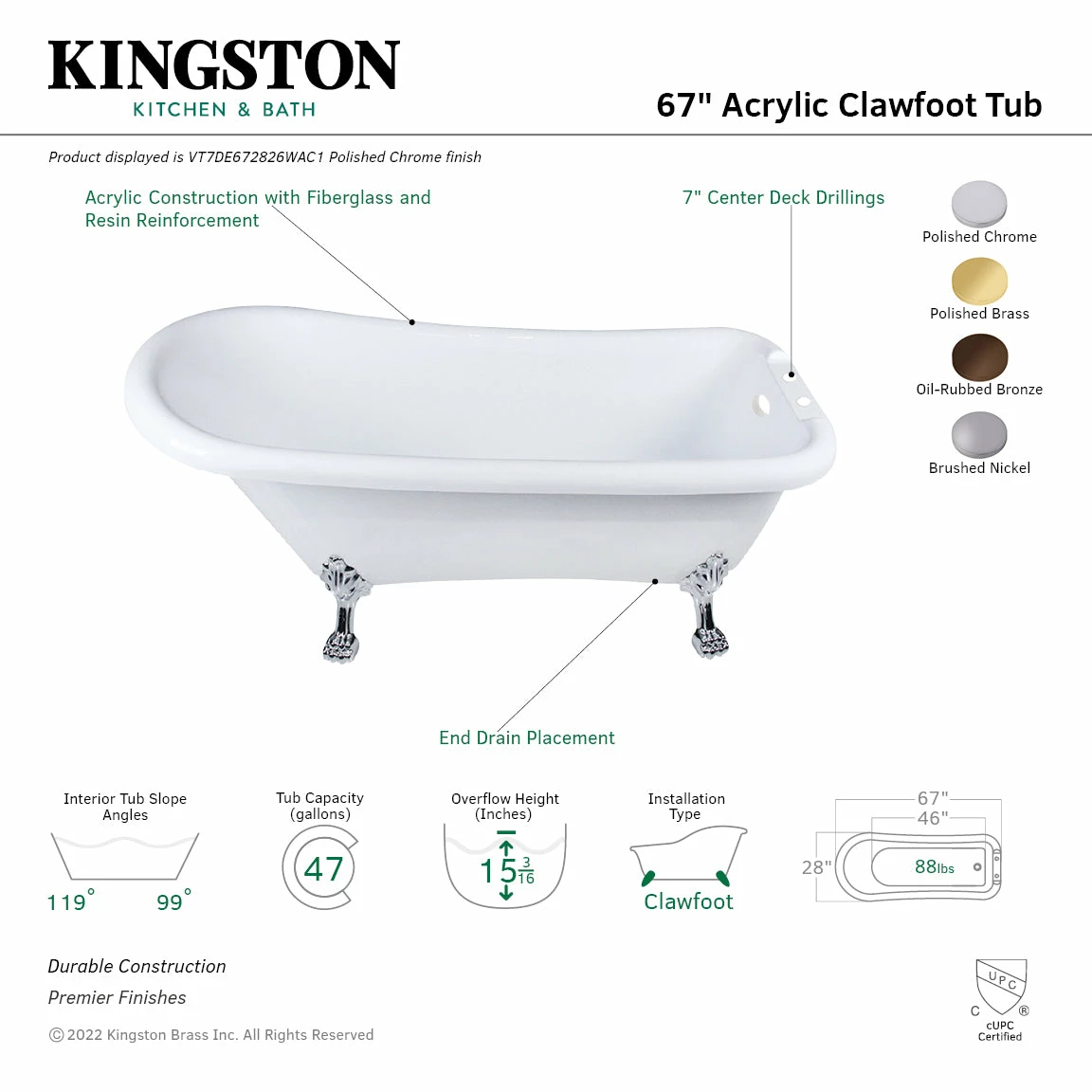 Aqua Eden VT7DE672826WAC8 67-Inch Acrylic Single Slipper Clawfoot Tub With 7-Inch Faucet Drillings, White/Brushed Nickel - Image 3