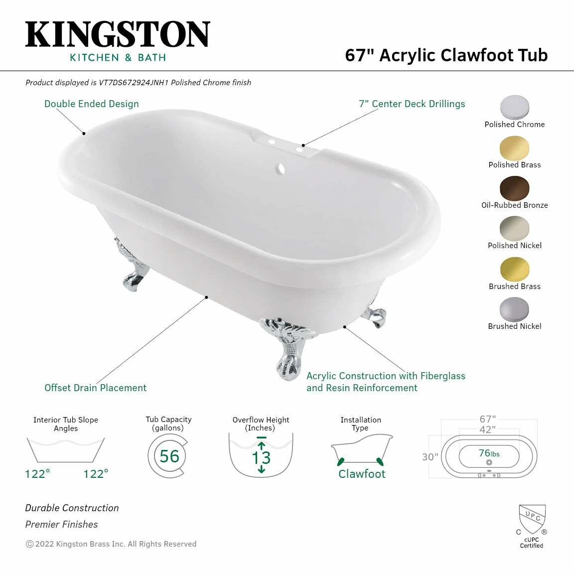 Aqua Eden VT7DS672924JNH8 67-Inch Acrylic Clawfoot Tub With 7-Inch Faucet Drillings, White/Brushed Nickel - Image 4