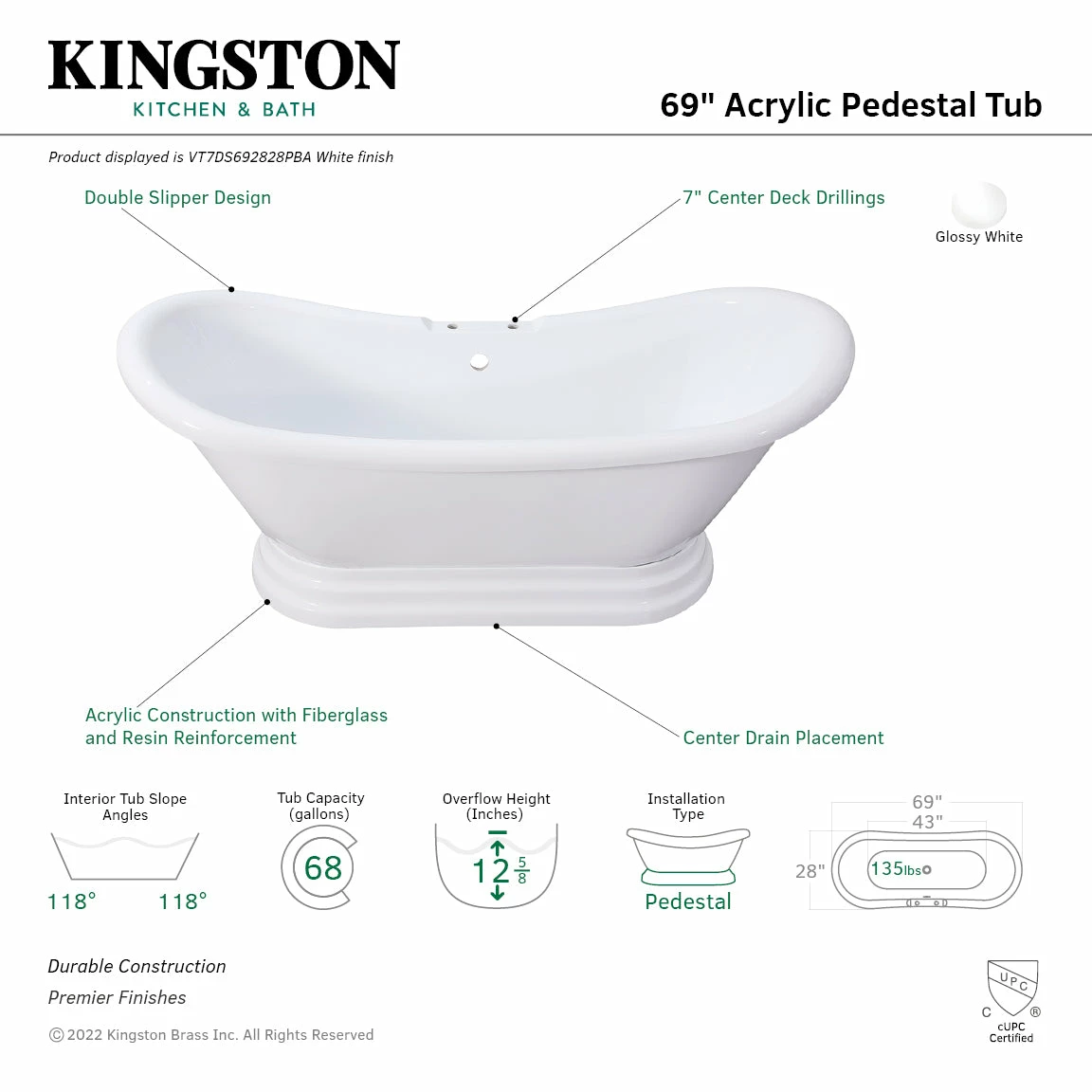 Aqua Eden VT7DS692828PBA 69-Inch Acrylic Double Slipper Pedestal Tub With 7-Inch Faucet Drillings, Glossy White - Image 9