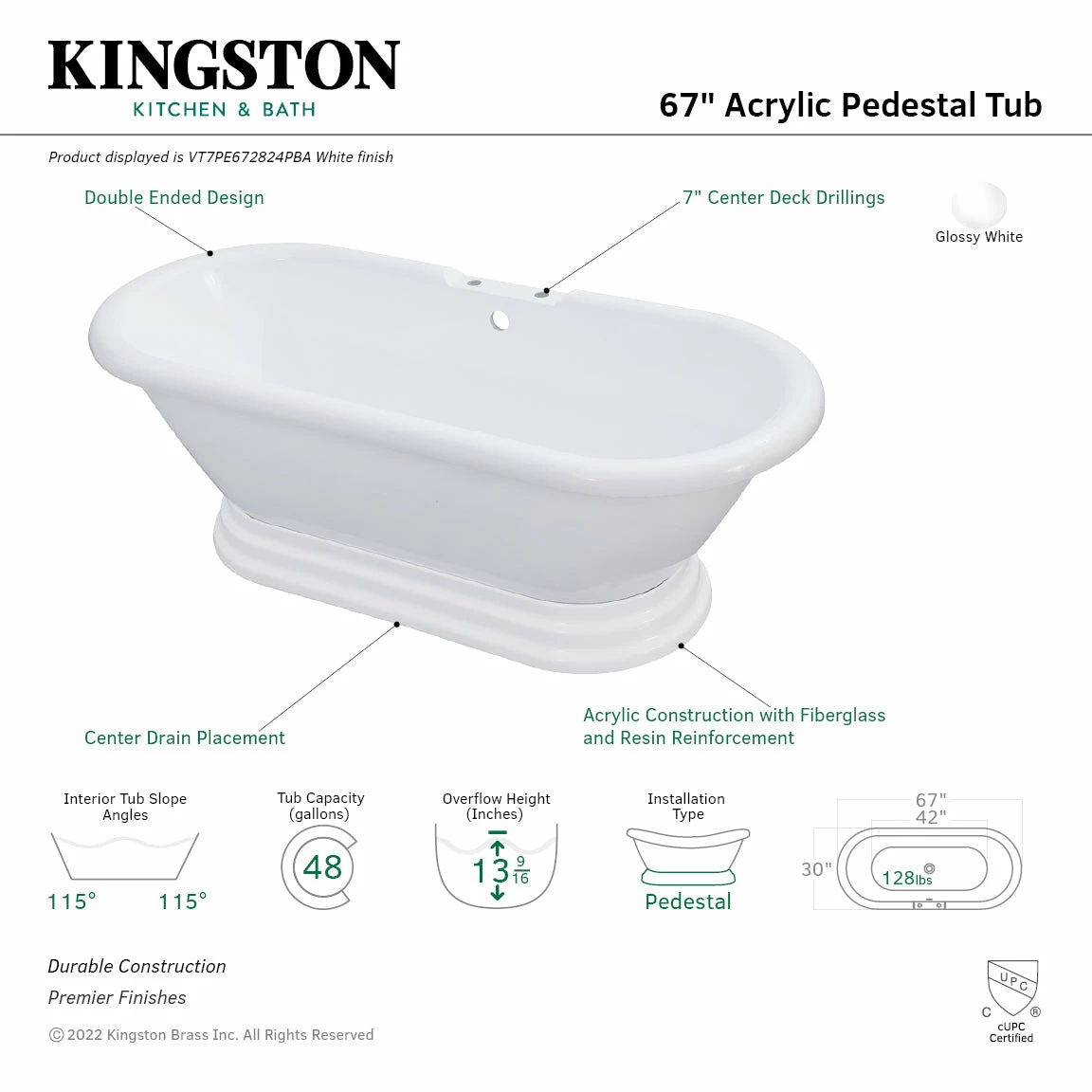 Aqua Eden VT7PE672824PBA 67-Inch Acrylic Double Ended Pedestal Tub With 7-Inch Faucet Drillings, Glossy White - Image 9